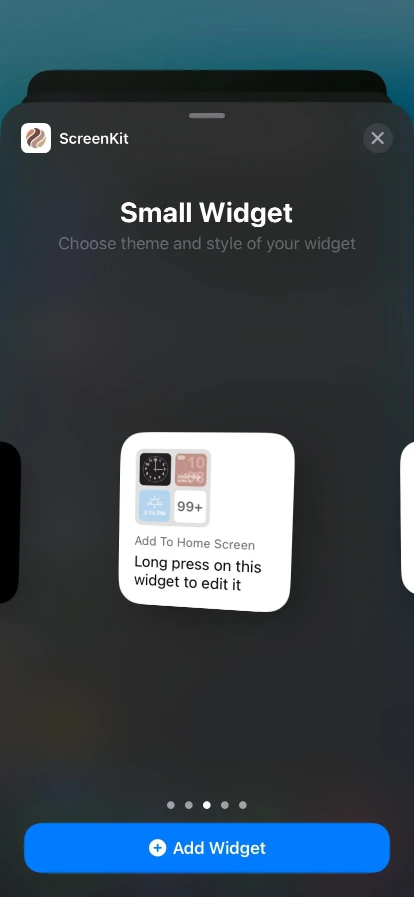 Tiện ích ScreenKit hiển thị trên màn hình widget iPhone với thiết kế thẩm mỹ và đồng hồ