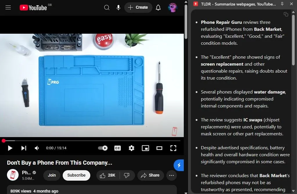 Tiện ích TLDR tóm tắt nội dung video YouTube có tiêu đề gây sốc về điện thoại tân trang