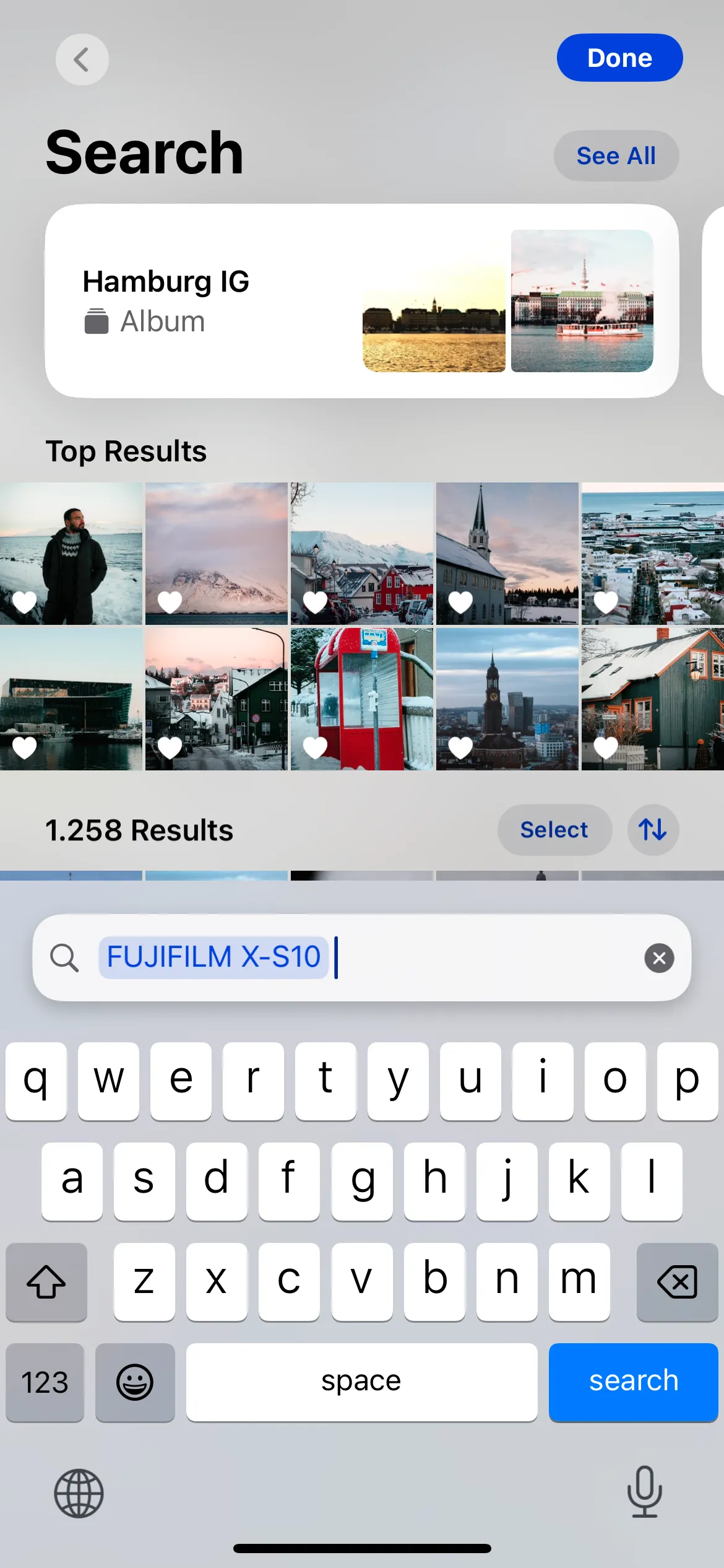 Tìm kiếm ảnh theo tên thiết bị (ví dụ: Fujifilm) trong ứng dụng Ảnh trên iPhone để lọc và xóa ảnh dễ dàng