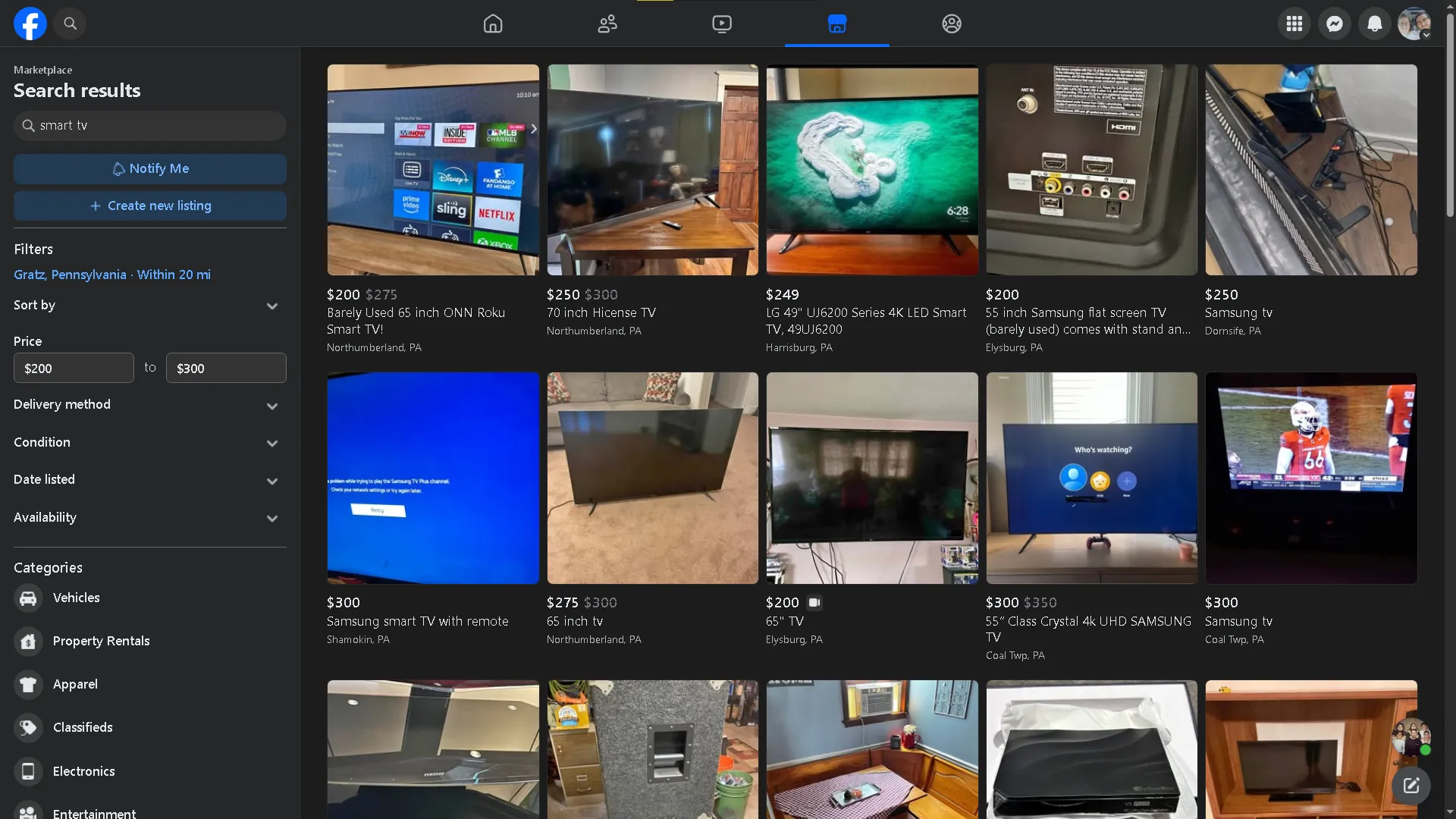 Tìm kiếm Smart TV trên Facebook Marketplace để tìm TV đang rao bán