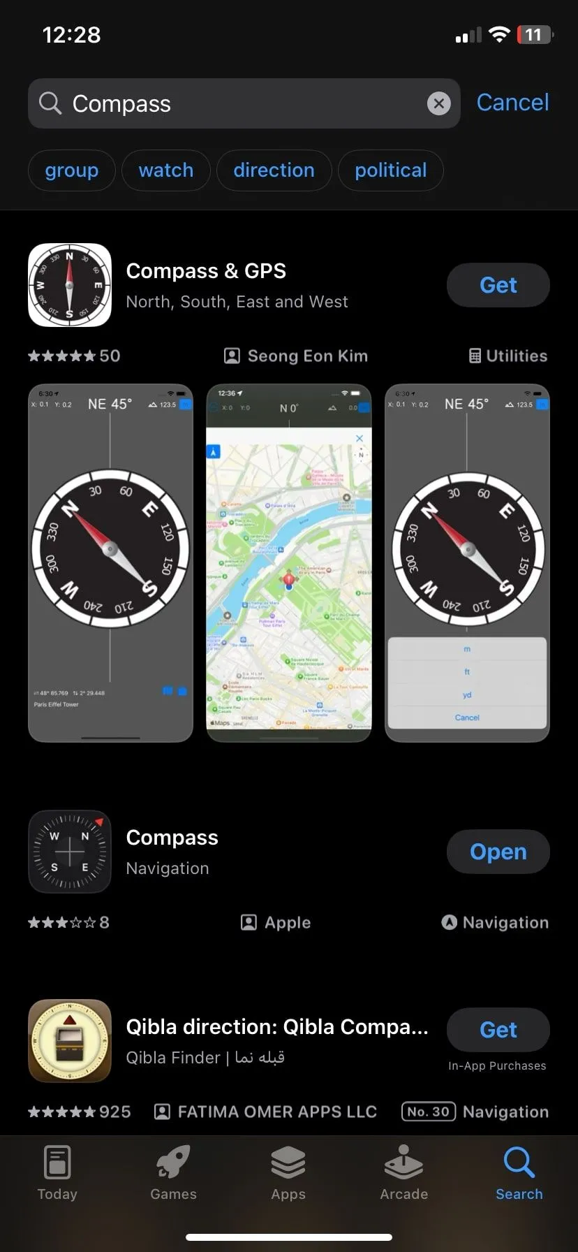 Tìm kiếm ứng dụng &quot;Compass&quot; trên iPhone, hiển thị ứng dụng La bàn tích hợp sẵn của Apple.