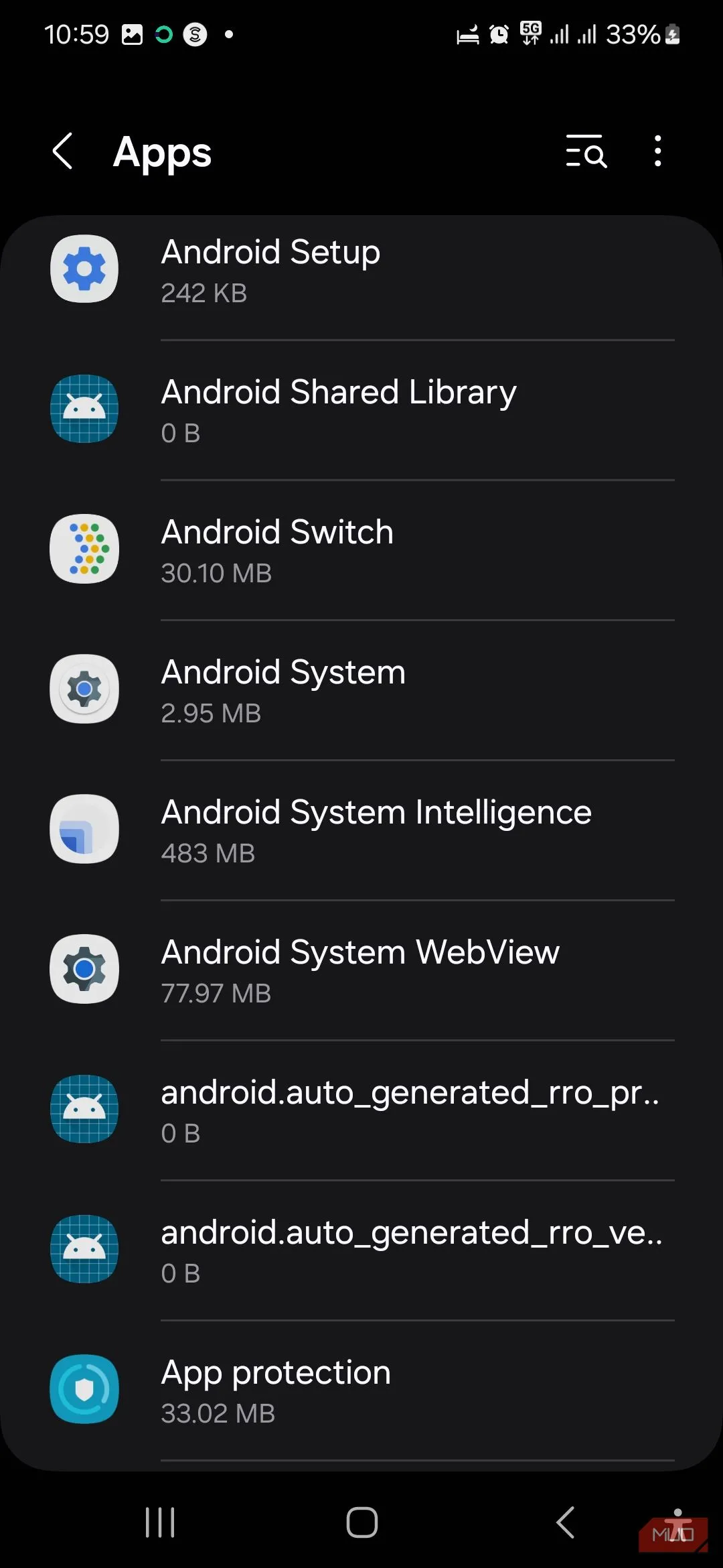 Tìm kiếm và chọn Android System từ danh sách các ứng dụng hệ thống