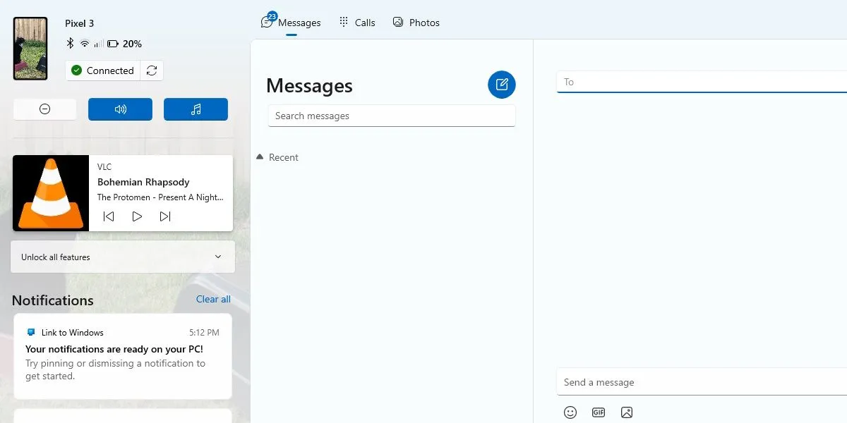 Tin nhắn Phone Link trên màn hình Windows, kèm VLC đang phát nhạc
