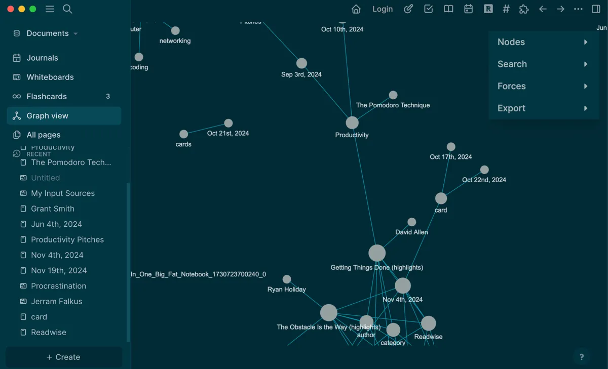 Tính năng chế độ xem biểu đồ (Graph View) trong Logseq, minh họa mạng lưới các ghi chú liên quan đến năng suất được liên kết hai chiều