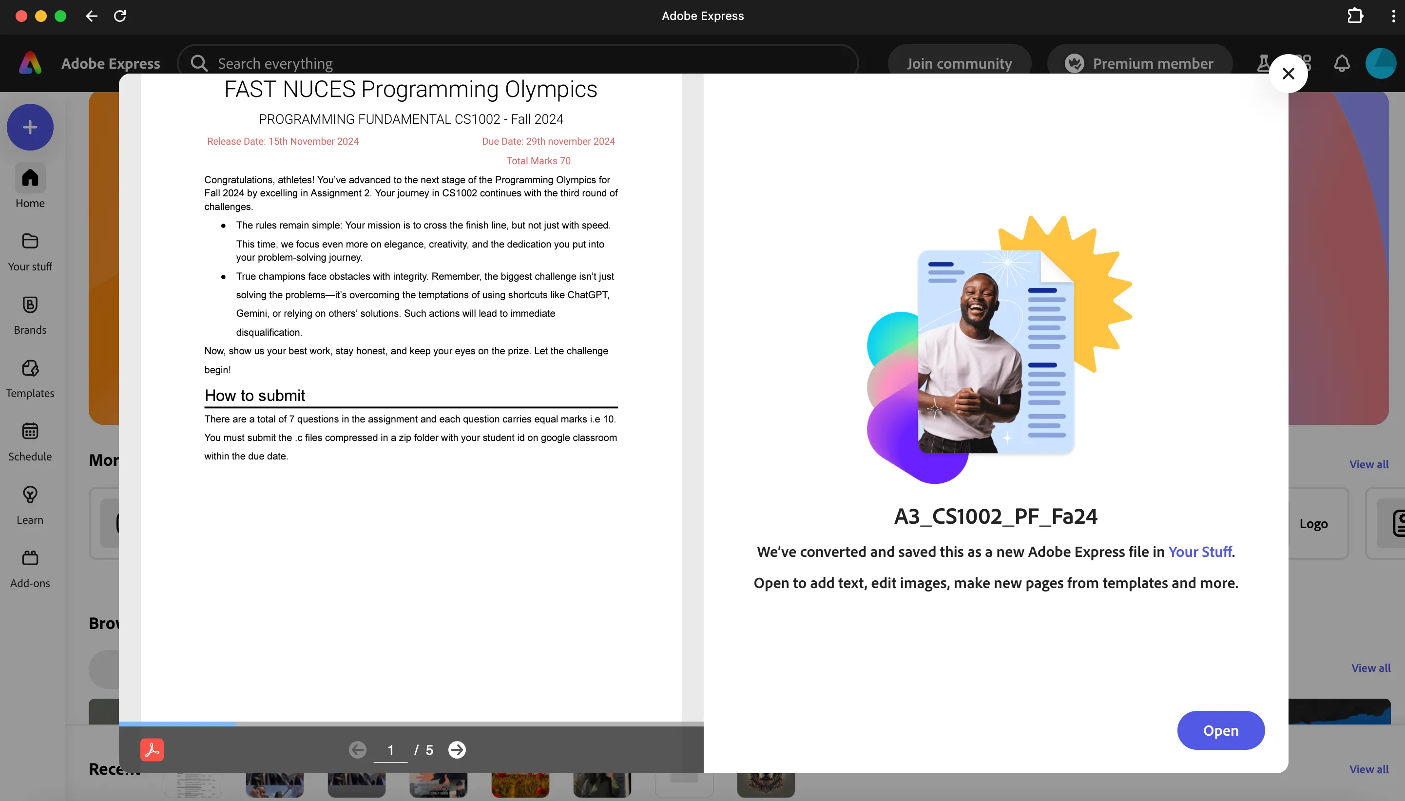 Tính năng &quot;Chỉnh sửa PDF&quot; trong phần tài liệu của Adobe Express, cho phép chỉnh sửa trực tiếp nội dung.