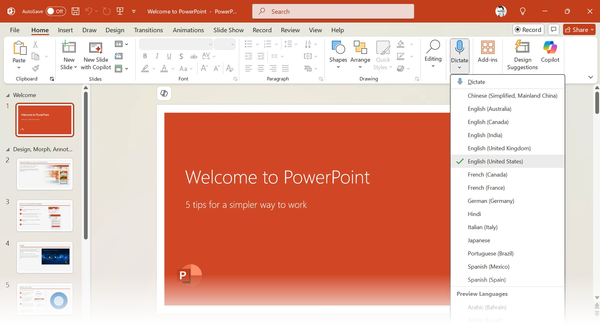 Tính năng đọc chính tả và Transcribe trong Microsoft Office