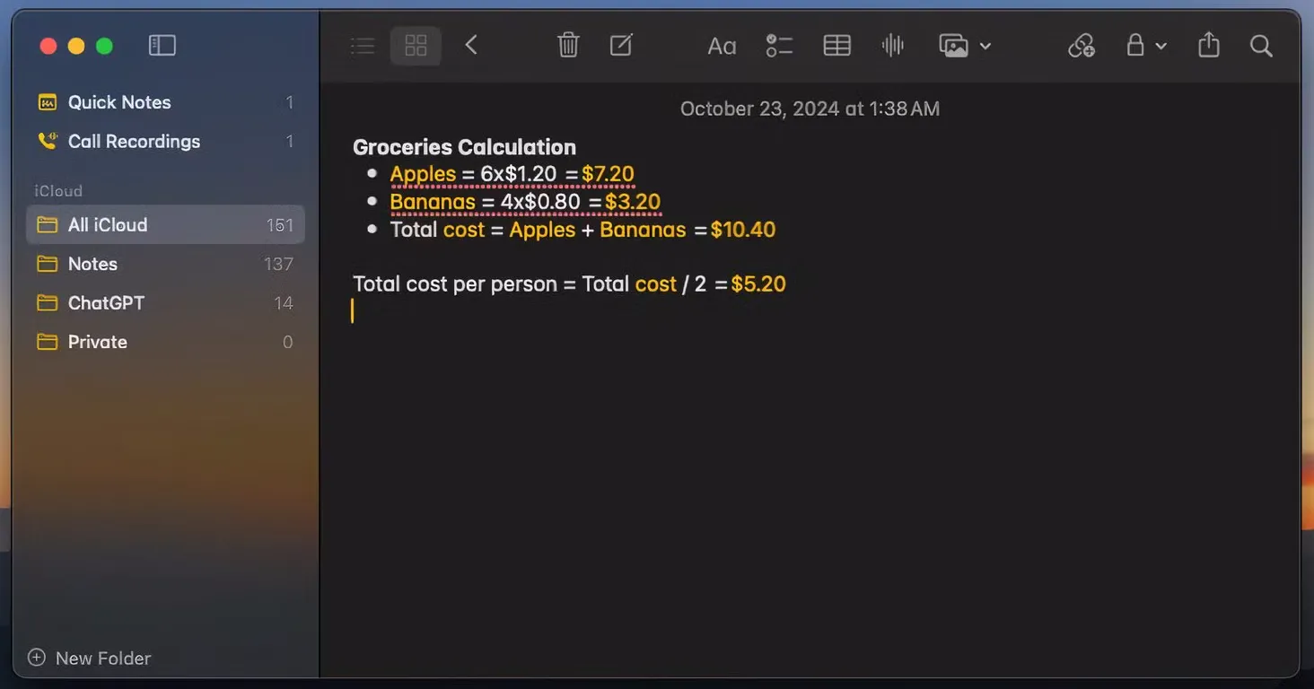 Tính năng giải toán trực tiếp trong ứng dụng Ghi chú (Notes) trên macOS Sequoia, giúp người dùng thực hiện phép tính dễ dàng.