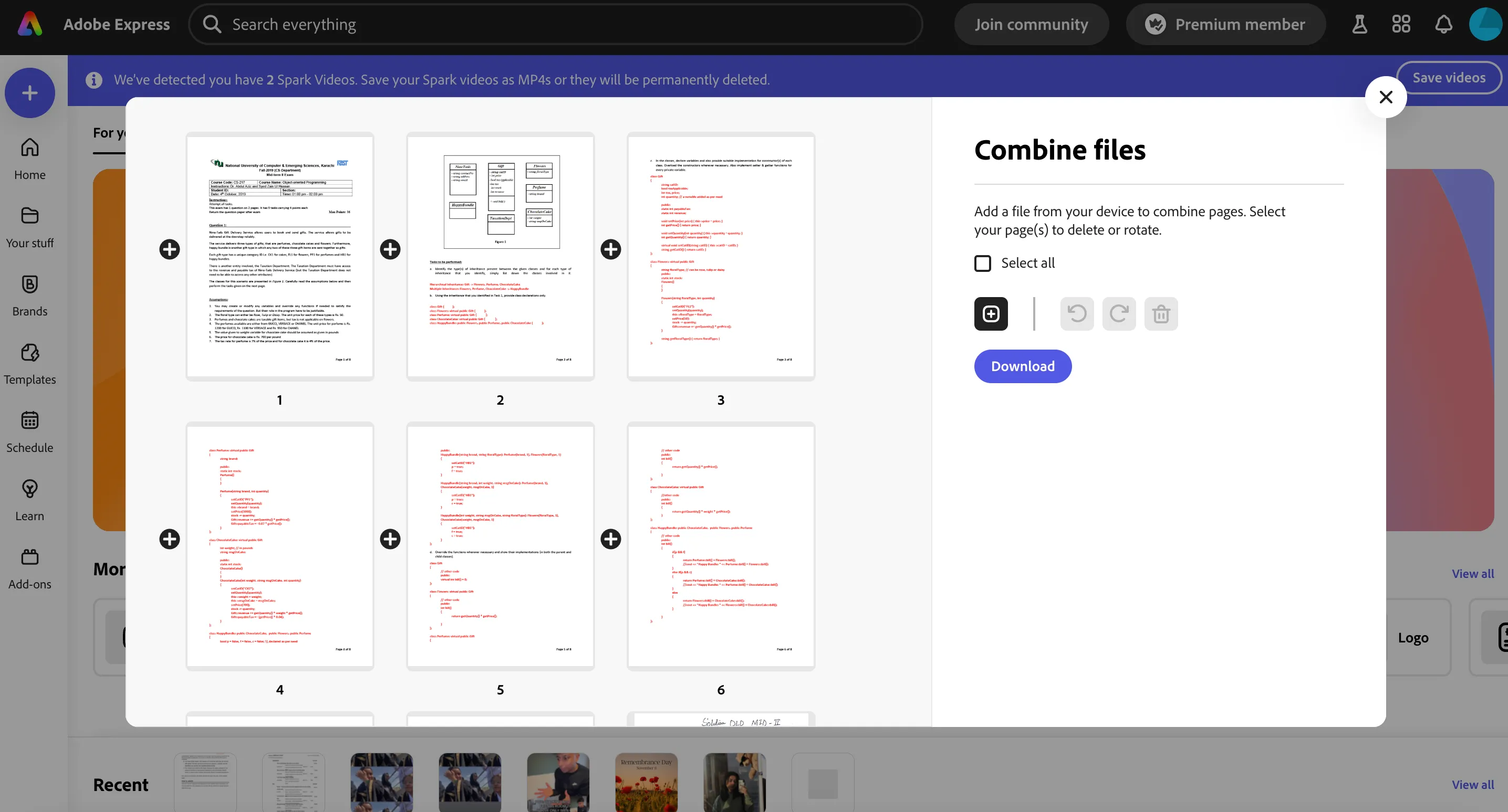 Tính năng &quot;Gộp tệp&quot; của Adobe Express, giúp kết hợp nhiều loại tài liệu khác nhau thành một tệp PDF duy nhất.