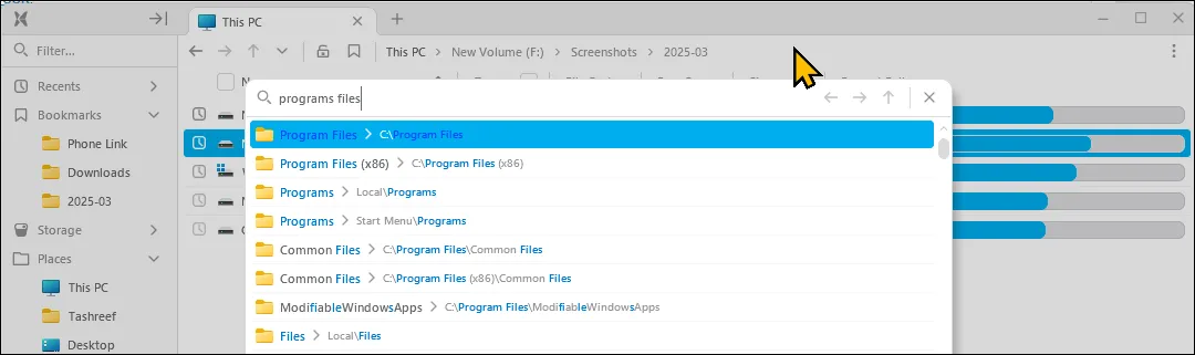 Tính năng GoTo của File Pilot đang hoạt động, cho phép tìm kiếm và truy cập nhanh thư mục trên Windows 11