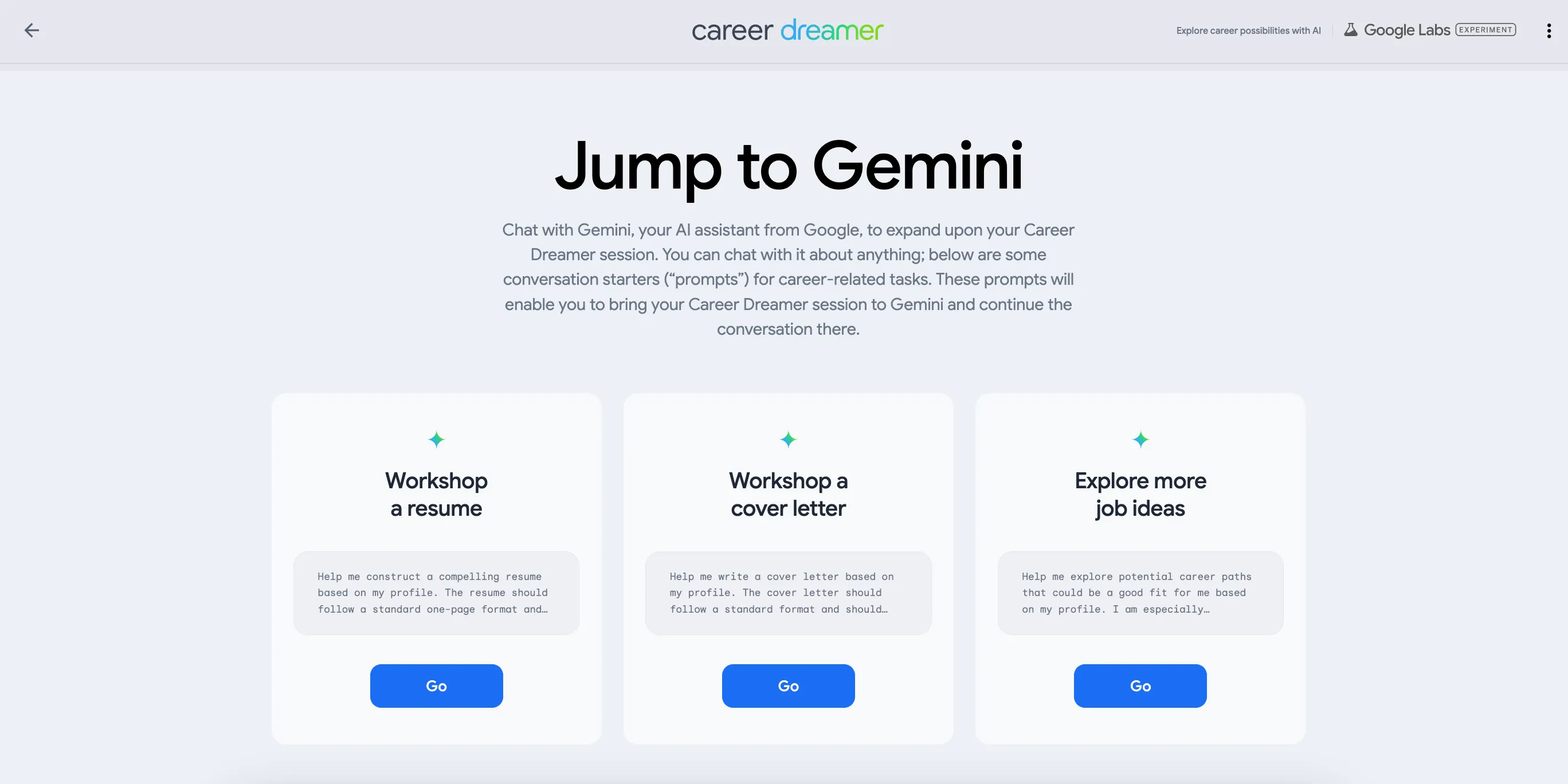 Tính năng Jump to Gemini trong Google Career Dreamer giúp người dùng soạn thảo CV và thư xin việc