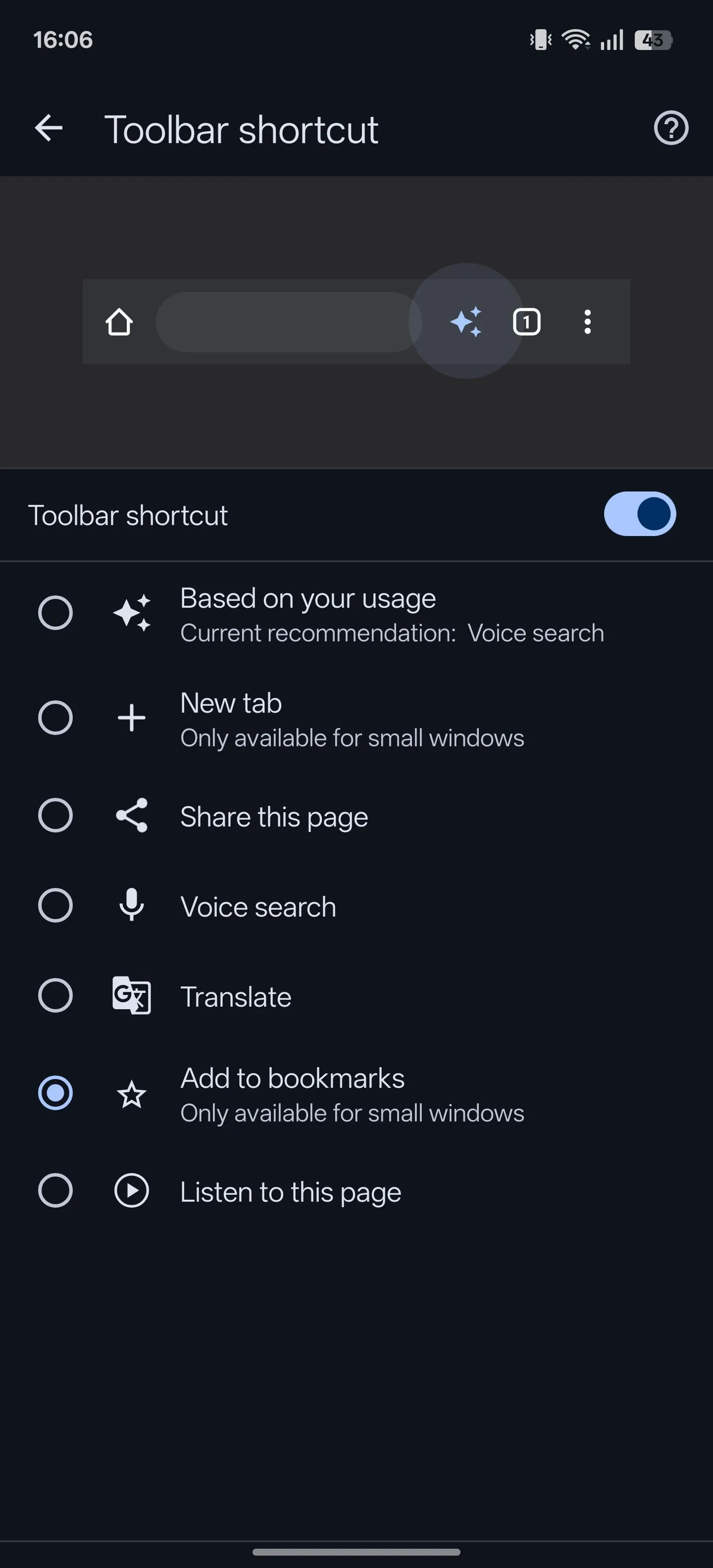 Tính năng &quot;Lối tắt trên thanh công cụ&quot; của Chrome Android đã được bật, hiển thị tùy chọn &quot;Thêm vào dấu trang&quot;.