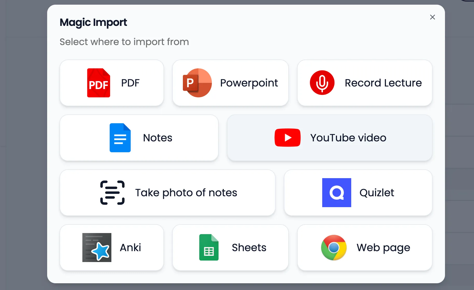 Tính năng Magic Import của Gizmo cho phép nhập liệu từ đa dạng nguồn như PDF, PowerPoint, ghi chú và video YouTube