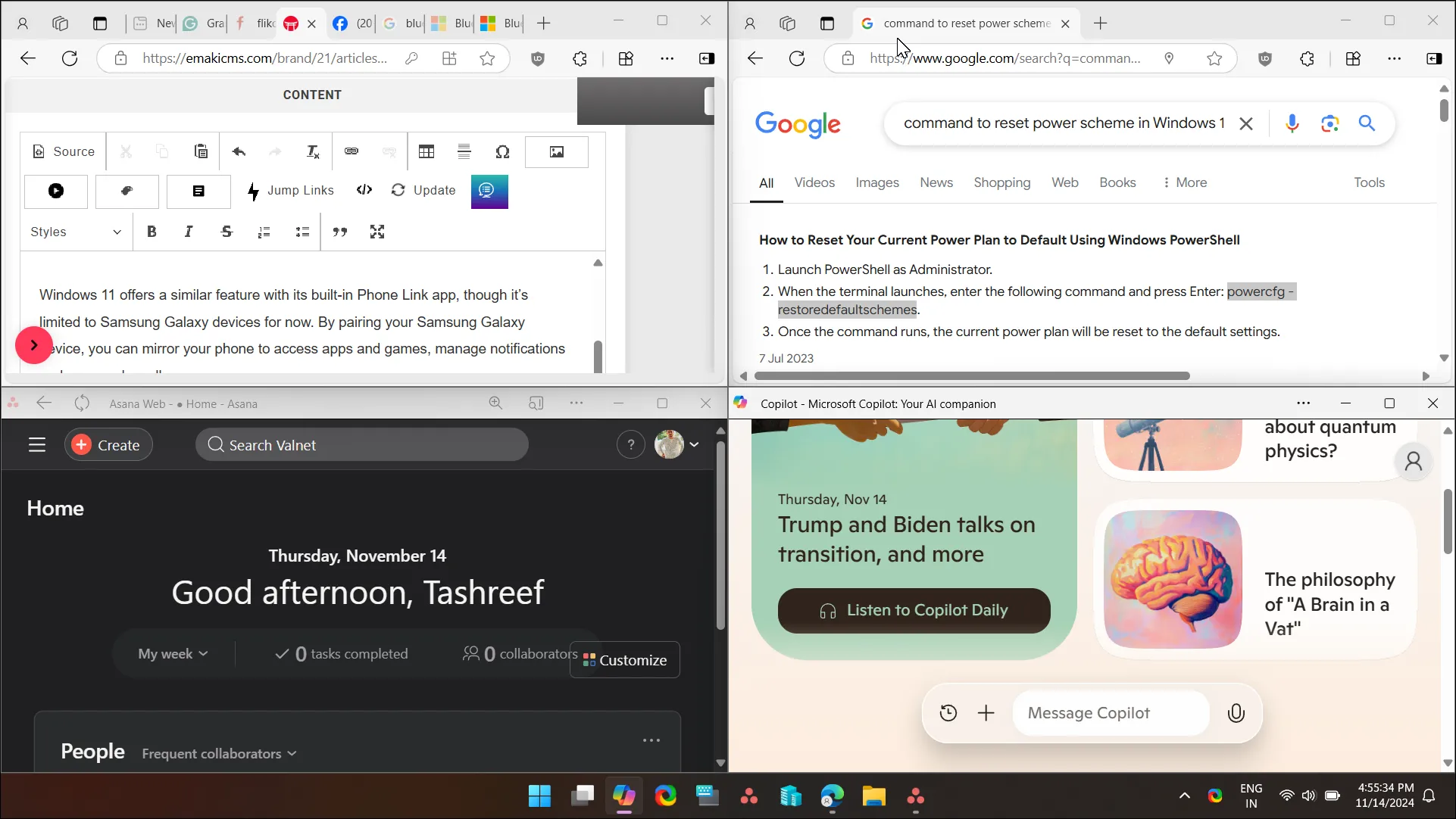 Tính năng Snap Layouts của Windows 11 với bốn cửa sổ ứng dụng được sắp xếp khoa học