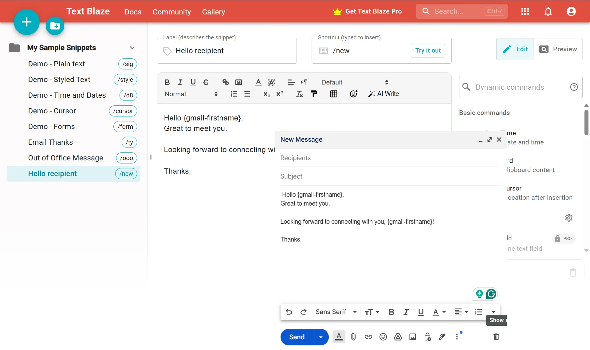 Tính năng snippet động (Dynamic snippets) của Text Blaze cho phép thêm trường nhập liệu tùy chỉnh và thông tin ngày giờ