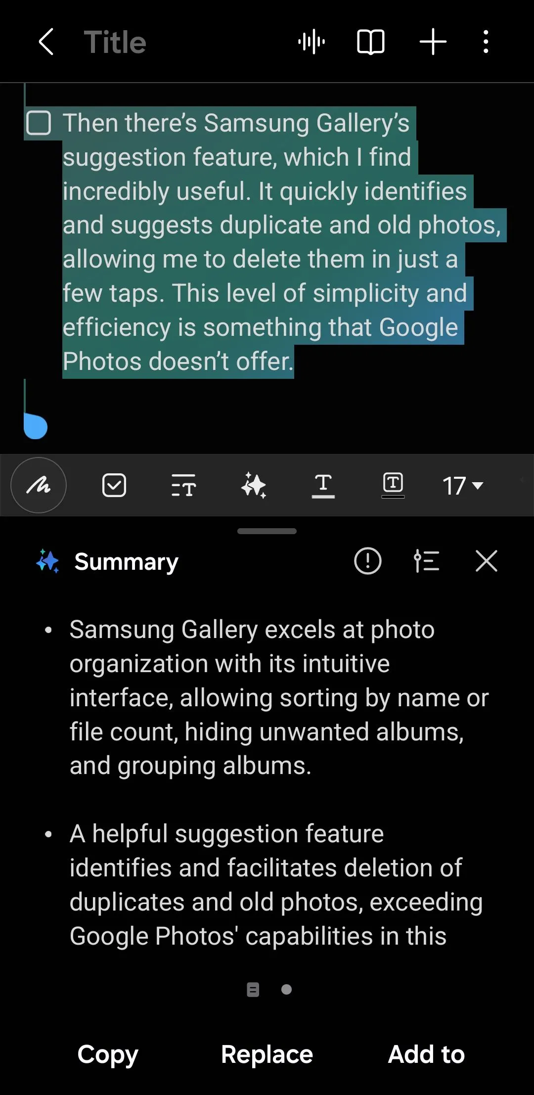 Tính năng tóm tắt ghi chú bằng Galaxy AI trong Samsung Notes hiển thị bản tóm tắt ngắn gọn