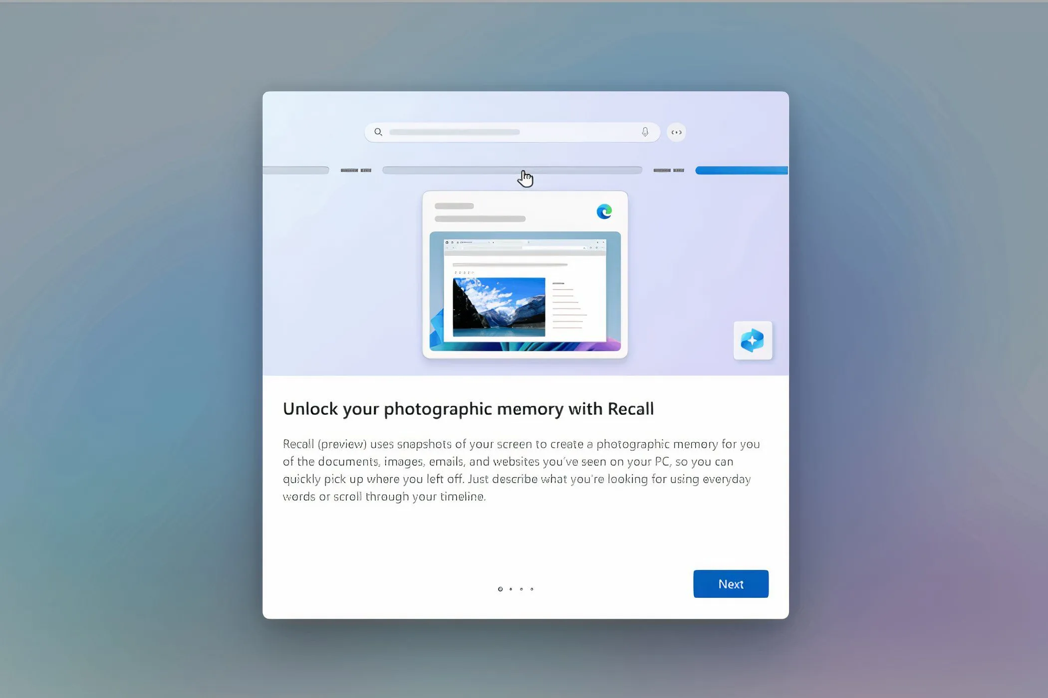 Tính năng Windows Recall trên Windows 11, một công cụ AI giúp tìm kiếm nhanh chóng các hoạt động đã thực hiện trên PC.