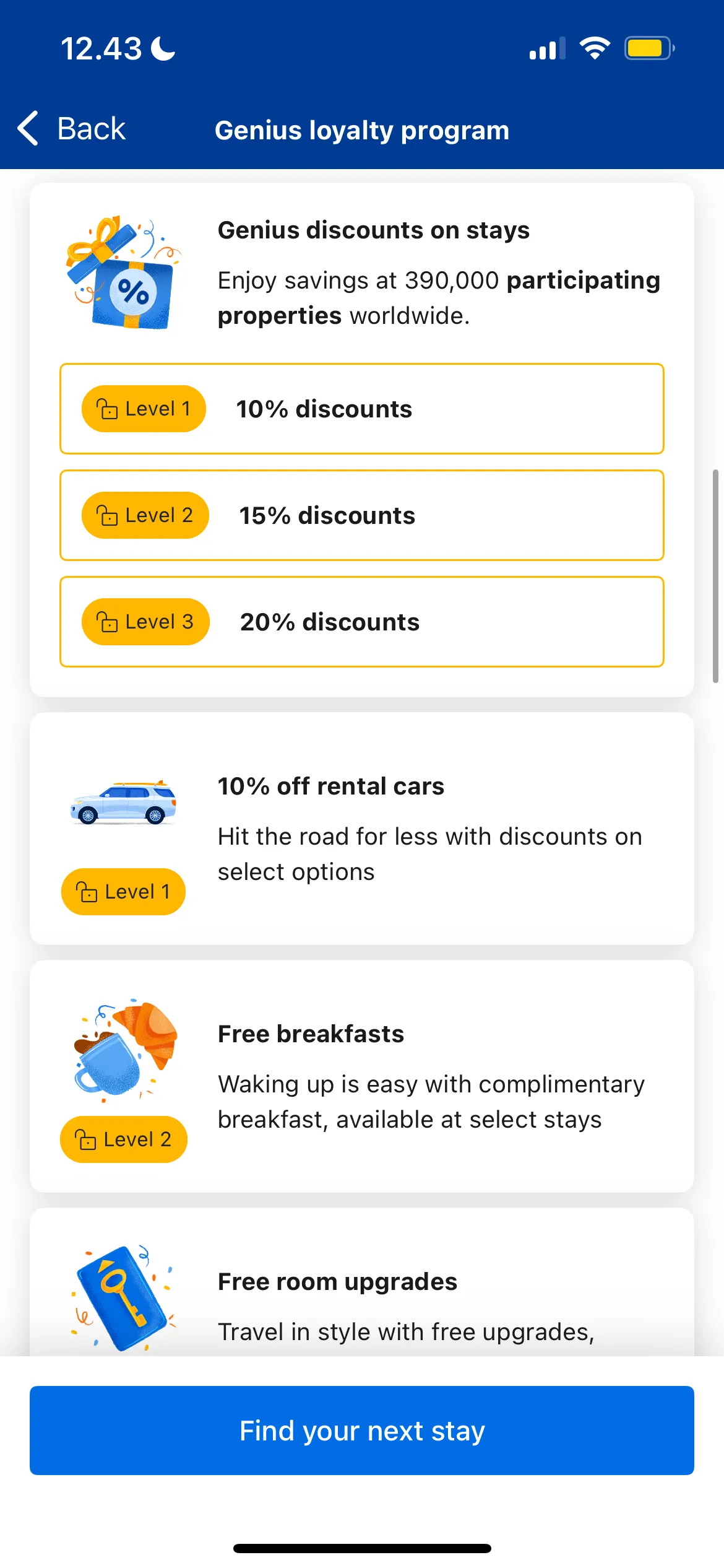 Tổng quan các cấp độ và lợi ích của chương trình khách hàng thân thiết Genius trên ứng dụng Booking.com
