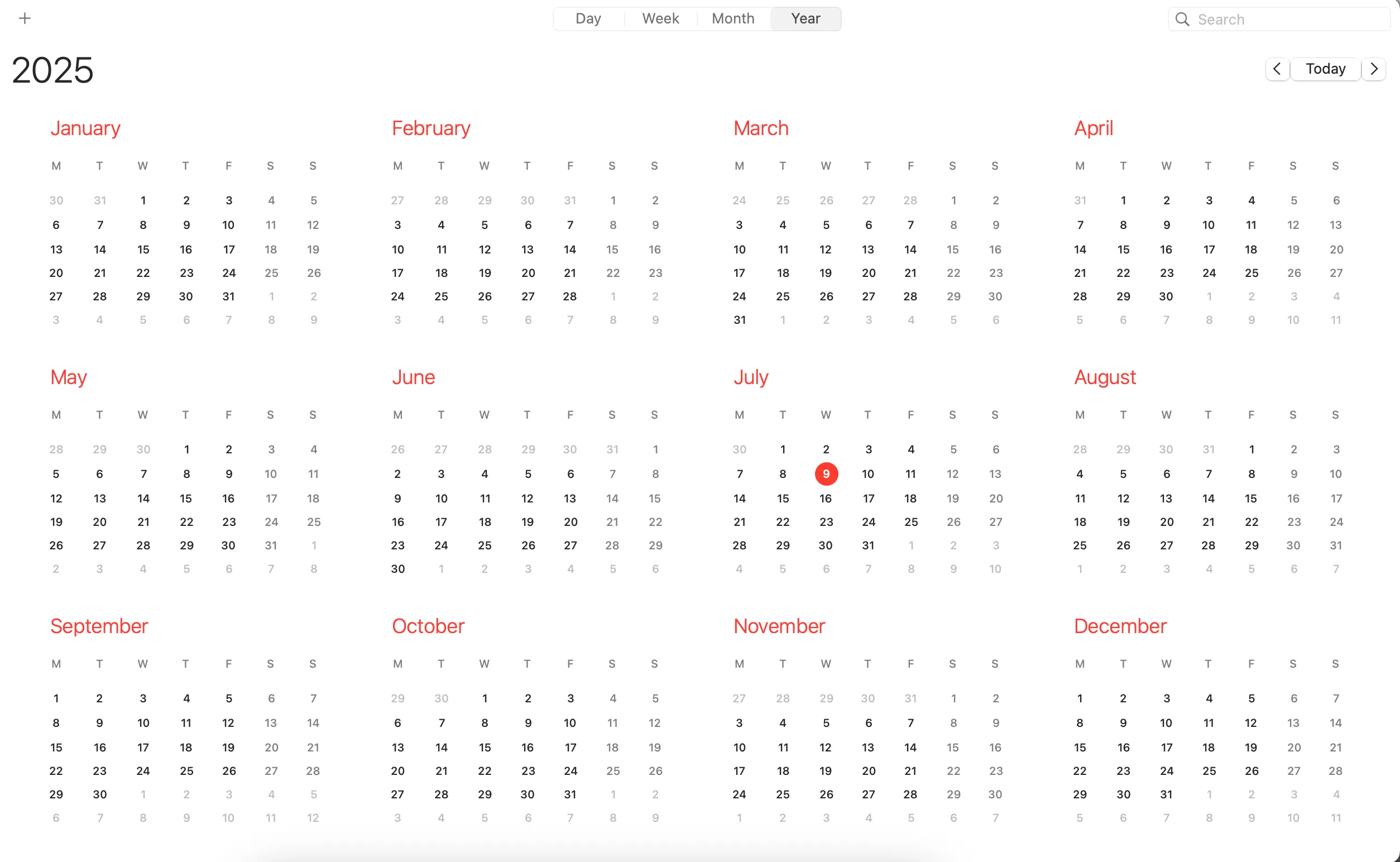 Tổng quan lịch năm trong ứng dụng Apple Calendar
