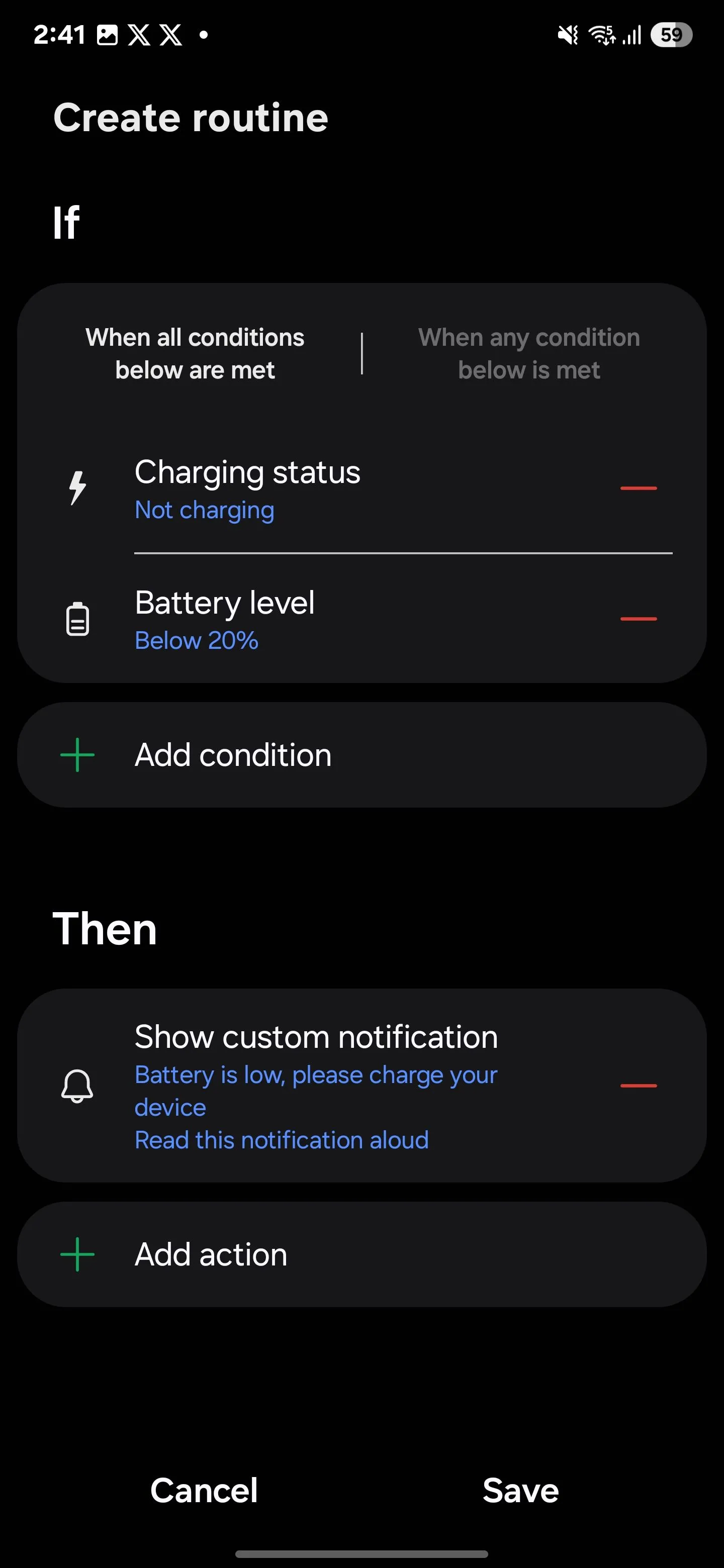 Tổng quan quy trình tự động thông báo trạng thái pin và sạc trên điện thoại Samsung sử dụng Modes and Routines.