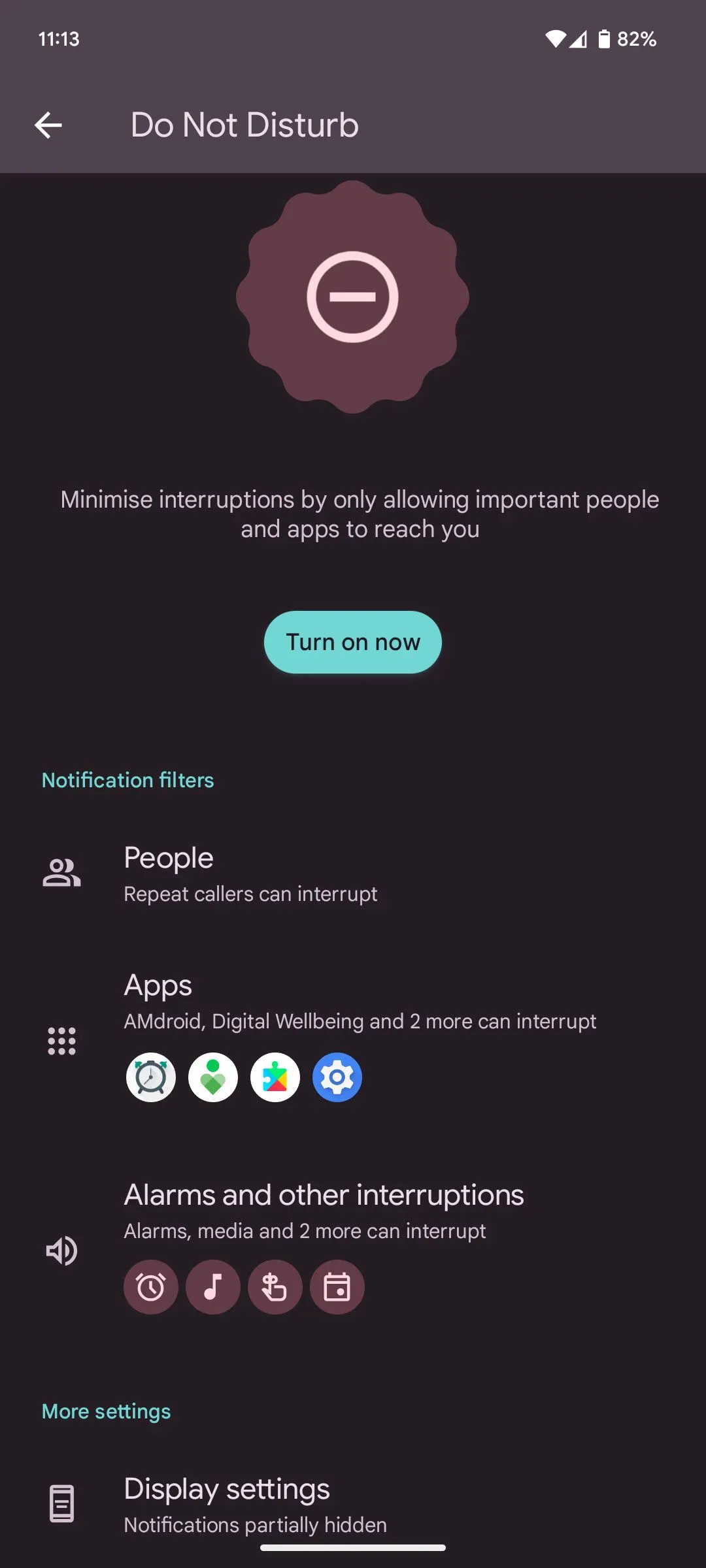 Trang cài đặt chi tiết của tính năng Modes trên điện thoại Google Pixel.