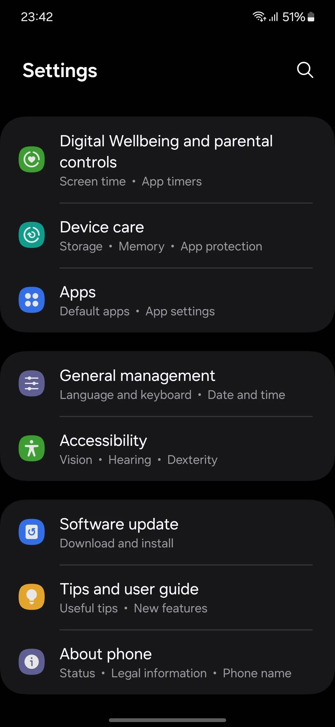 Trang Cài đặt chính trên điện thoại Samsung Galaxy.