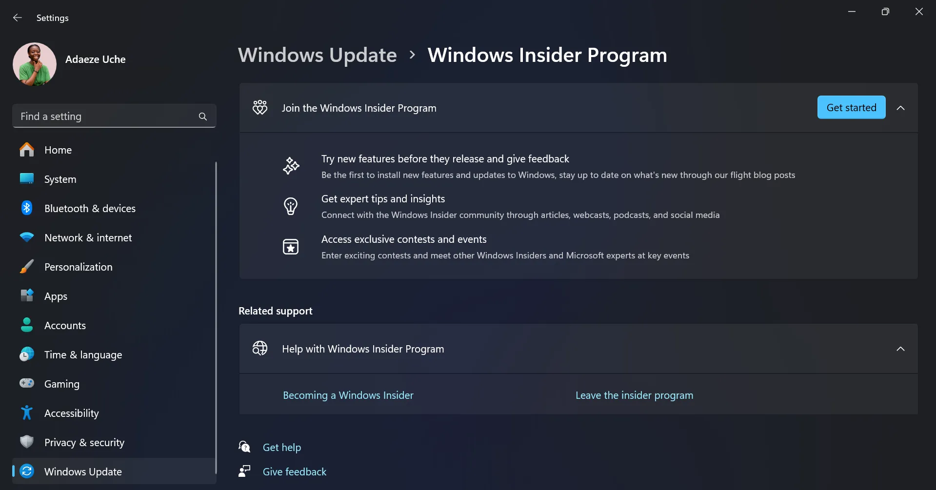 Trang cài đặt Chương trình Windows Insider trên máy tính Windows 11.