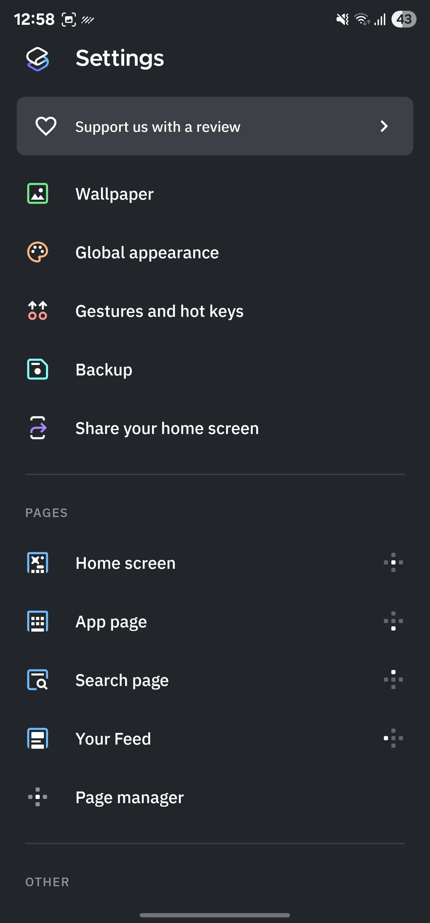 Trang cài đặt của Smart Launcher hiển thị các tùy chọn cử chỉ.