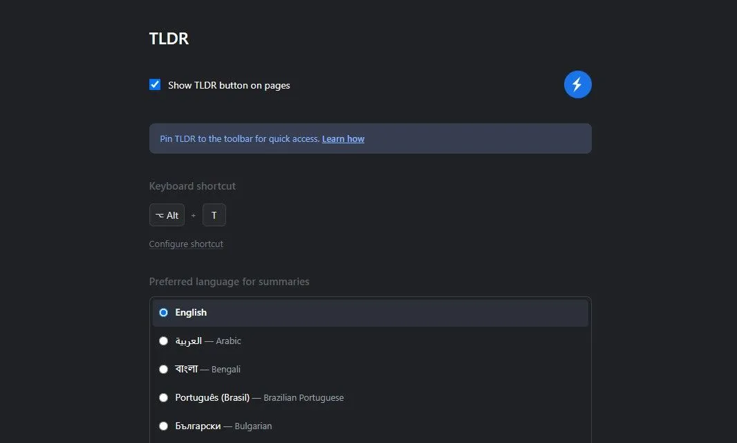 Trang cài đặt của tiện ích TLDR Chrome cho phép tùy chỉnh ngôn ngữ và các tính năng khác