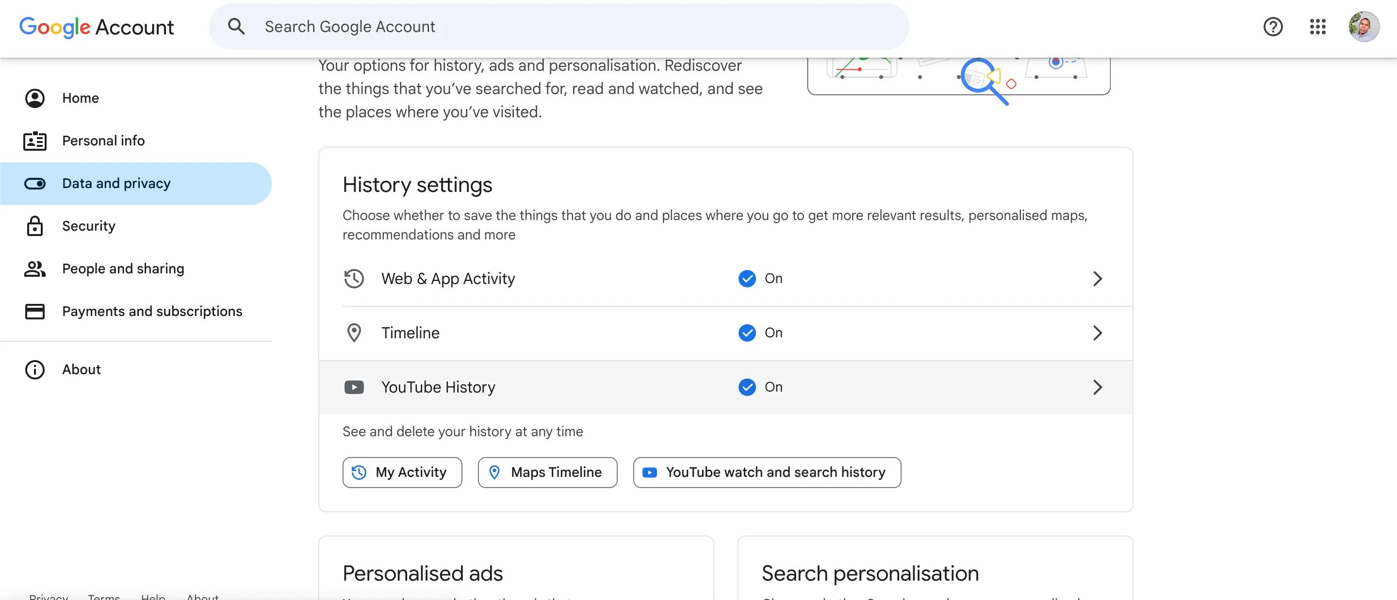 Trang cài đặt Dữ liệu và quyền riêng tư trong Tài khoản Google của bạn