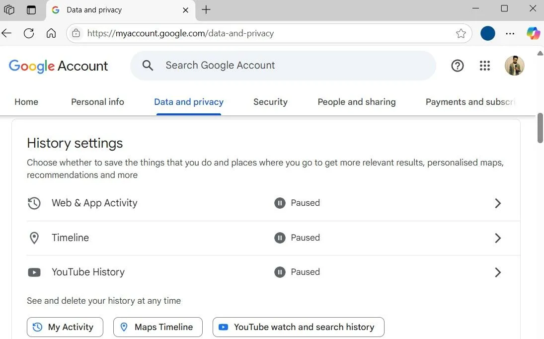 Trang cài đặt lịch sử tài khoản Google trong trình duyệt, nơi quản lý hoạt động web, ứng dụng, vị trí và lịch sử YouTube.