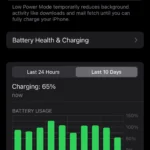 Trang cài đặt Pin iPhone với Chế độ Nguồn điện thấp được bật, hiển thị nút bật/tắt