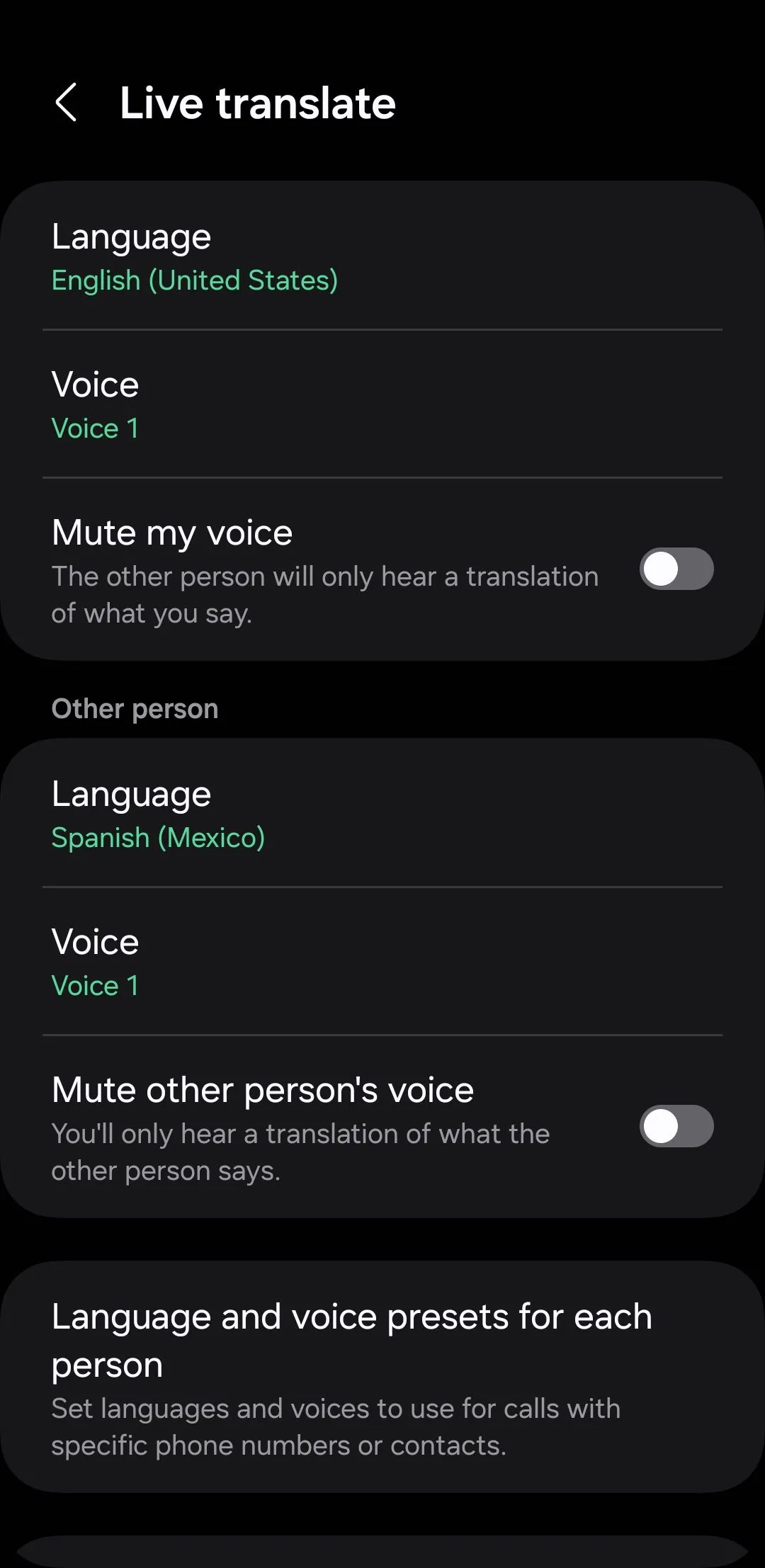 Trang cài đặt tính năng dịch trực tiếp cuộc gọi Live Translate trên điện thoại Samsung Galaxy AI