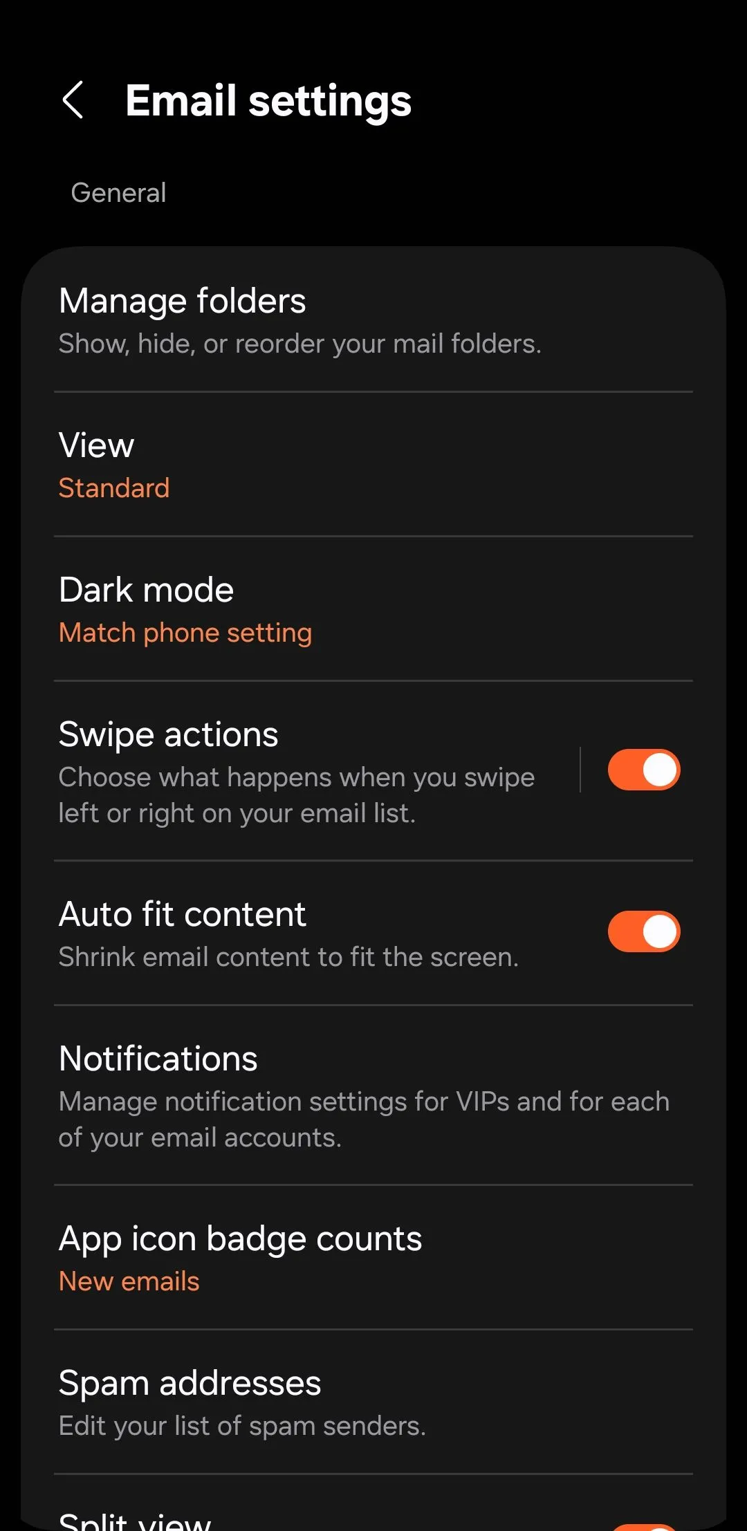 Trang cài đặt ứng dụng Samsung Email trên điện thoại Galaxy