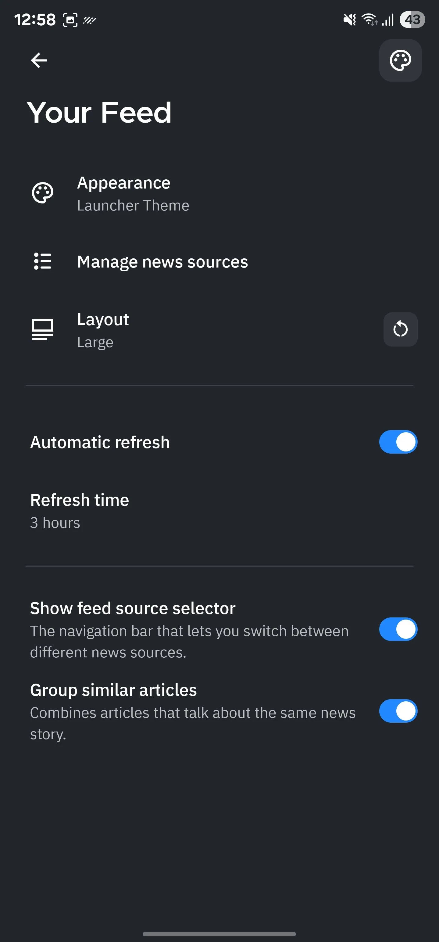 Trang cấu hình tính năng &quot;Your Feed&quot; trong Smart Launcher.