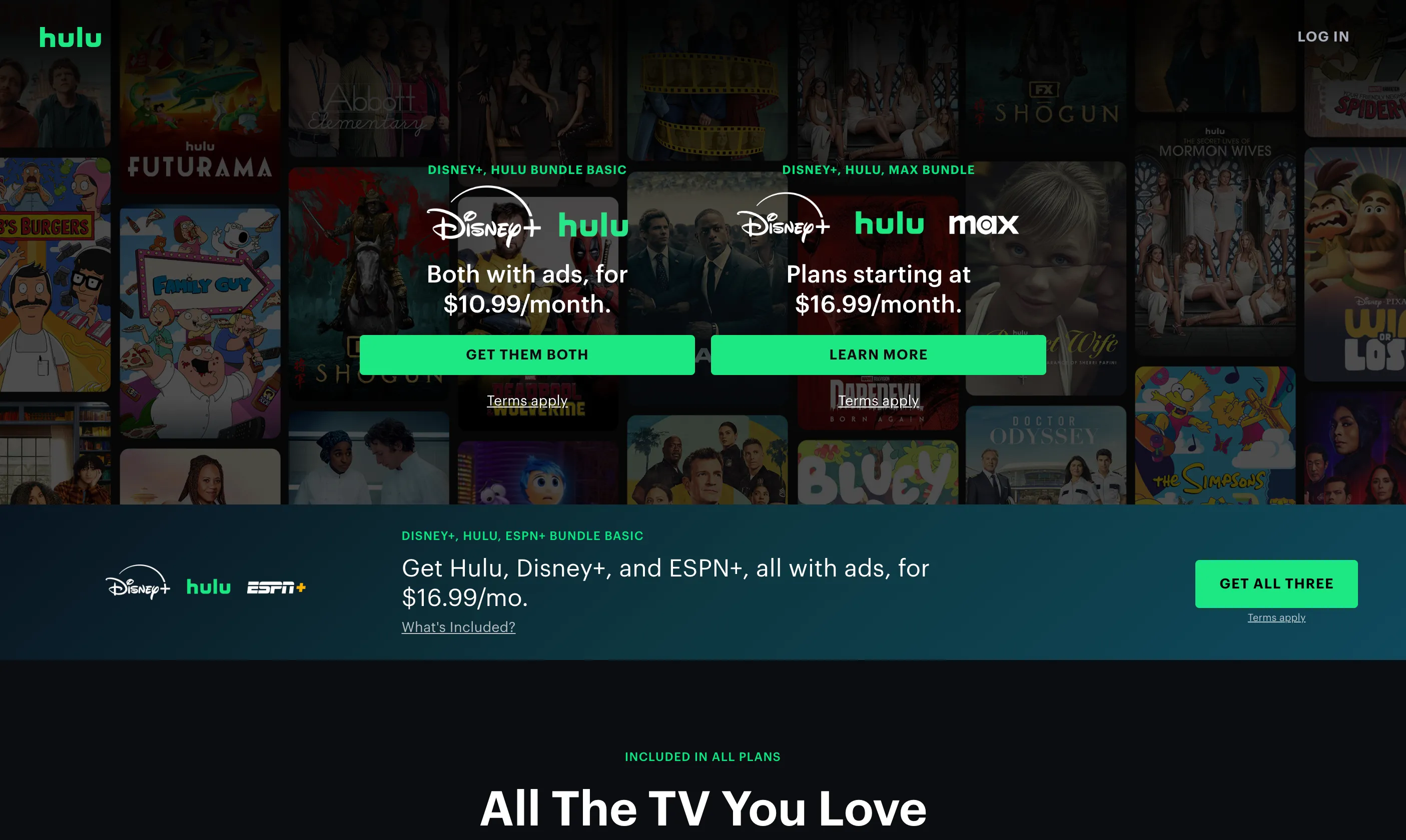 Trang chào mừng của dịch vụ streaming Hulu với các chương trình TV phổ biến