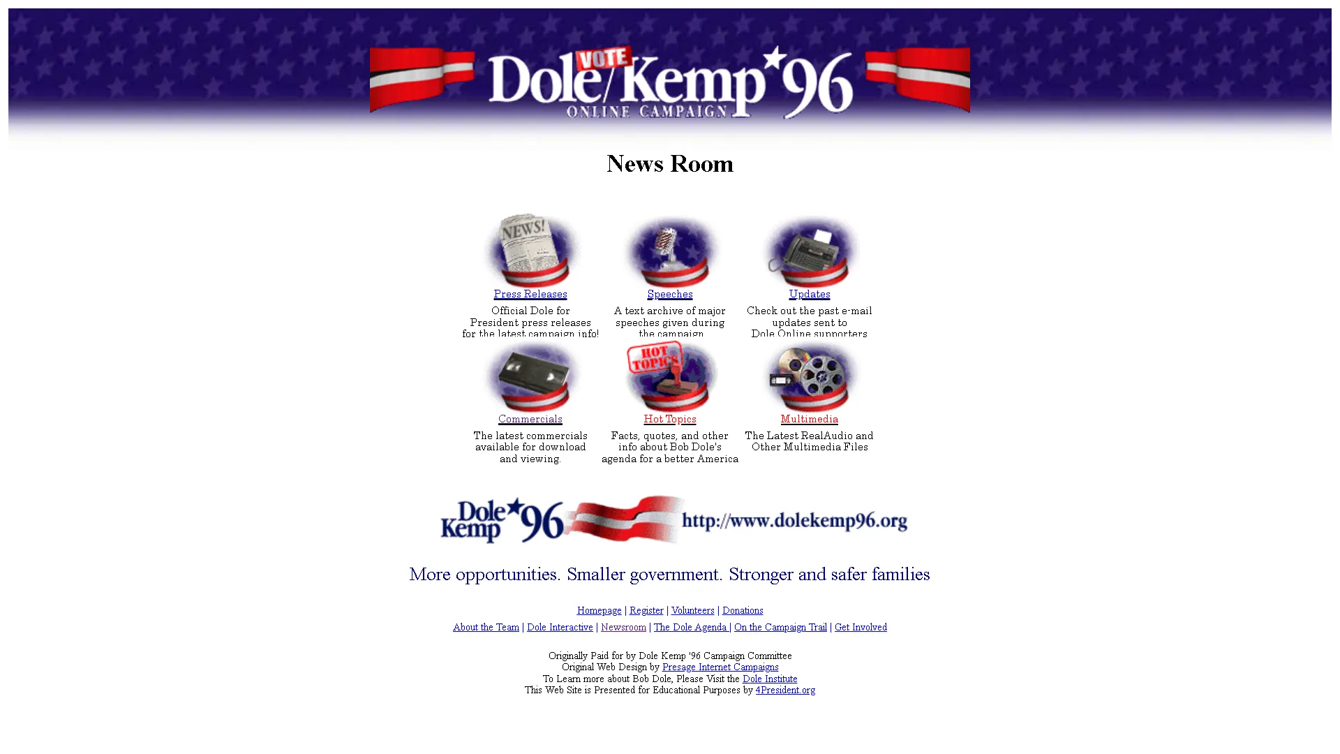 Trang chính của website tranh cử Tổng thống Dole và Kemp năm 1996, lưu giữ tài liệu lịch sử của chiến dịch.
