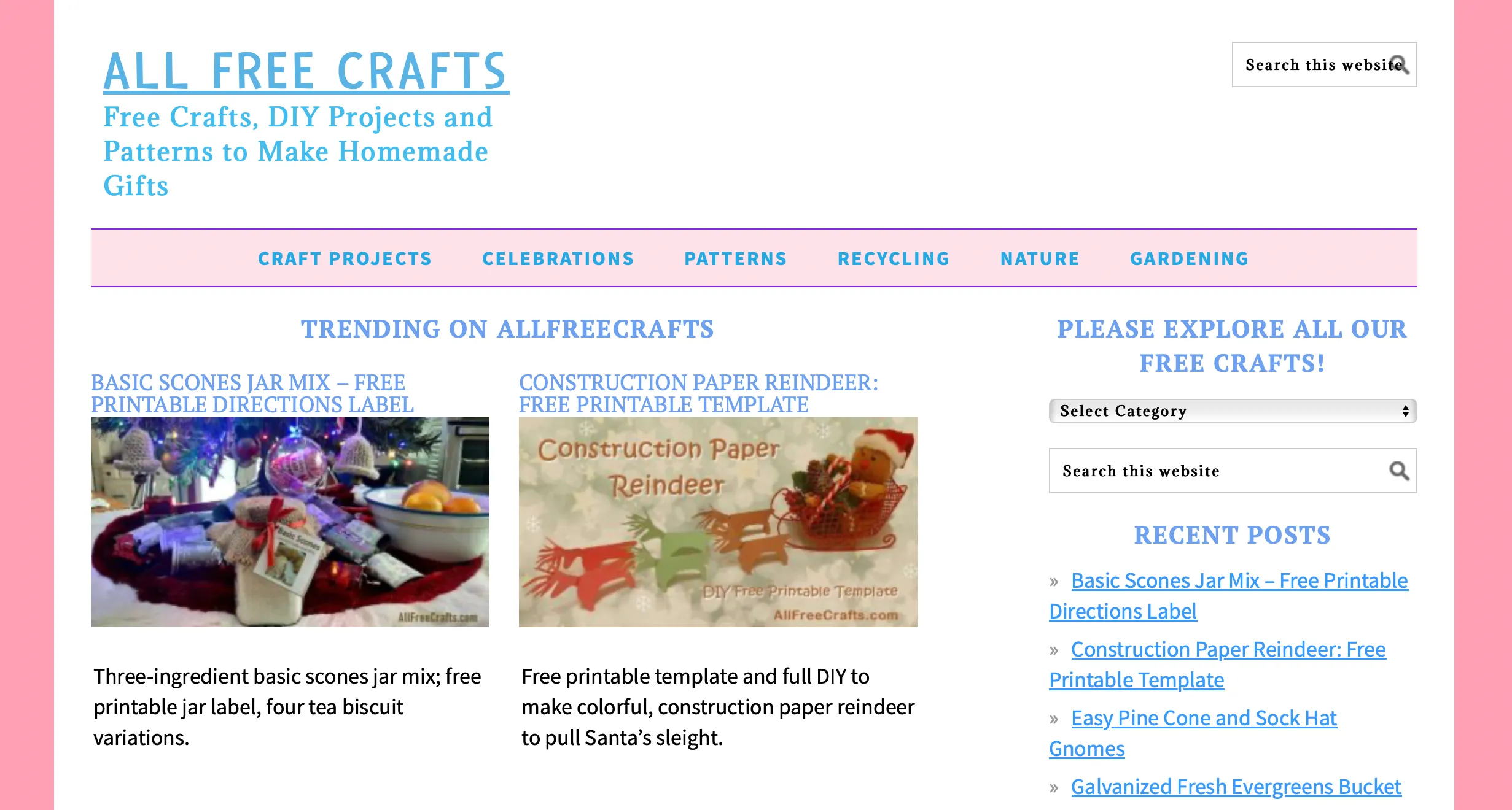 Trang chủ All Free Crafts với các ý tưởng thủ công đa dạng, bao gồm lọ bánh scone và tuần lộc giấy