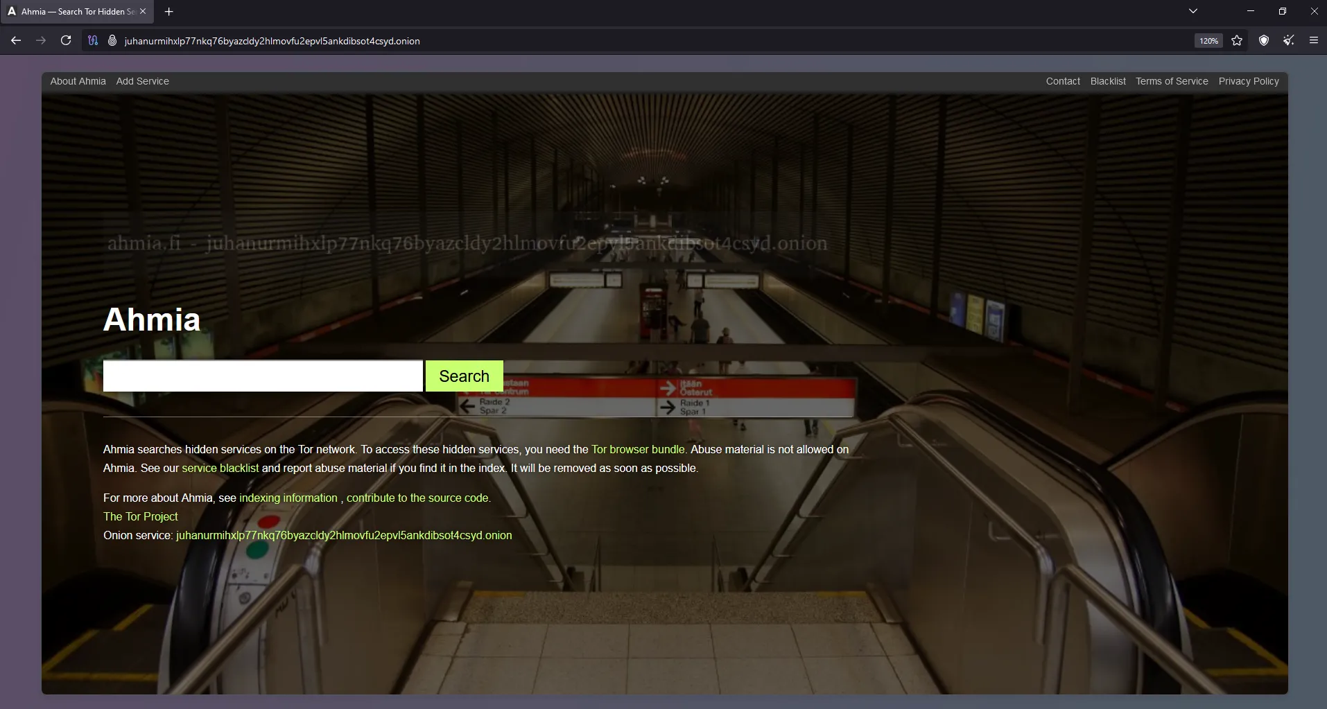 Trang chủ công cụ tìm kiếm Ahmia.fi trên mạng Onion, chuyên dùng để tìm kiếm các trang web Dark Web hợp pháp và an toàn.