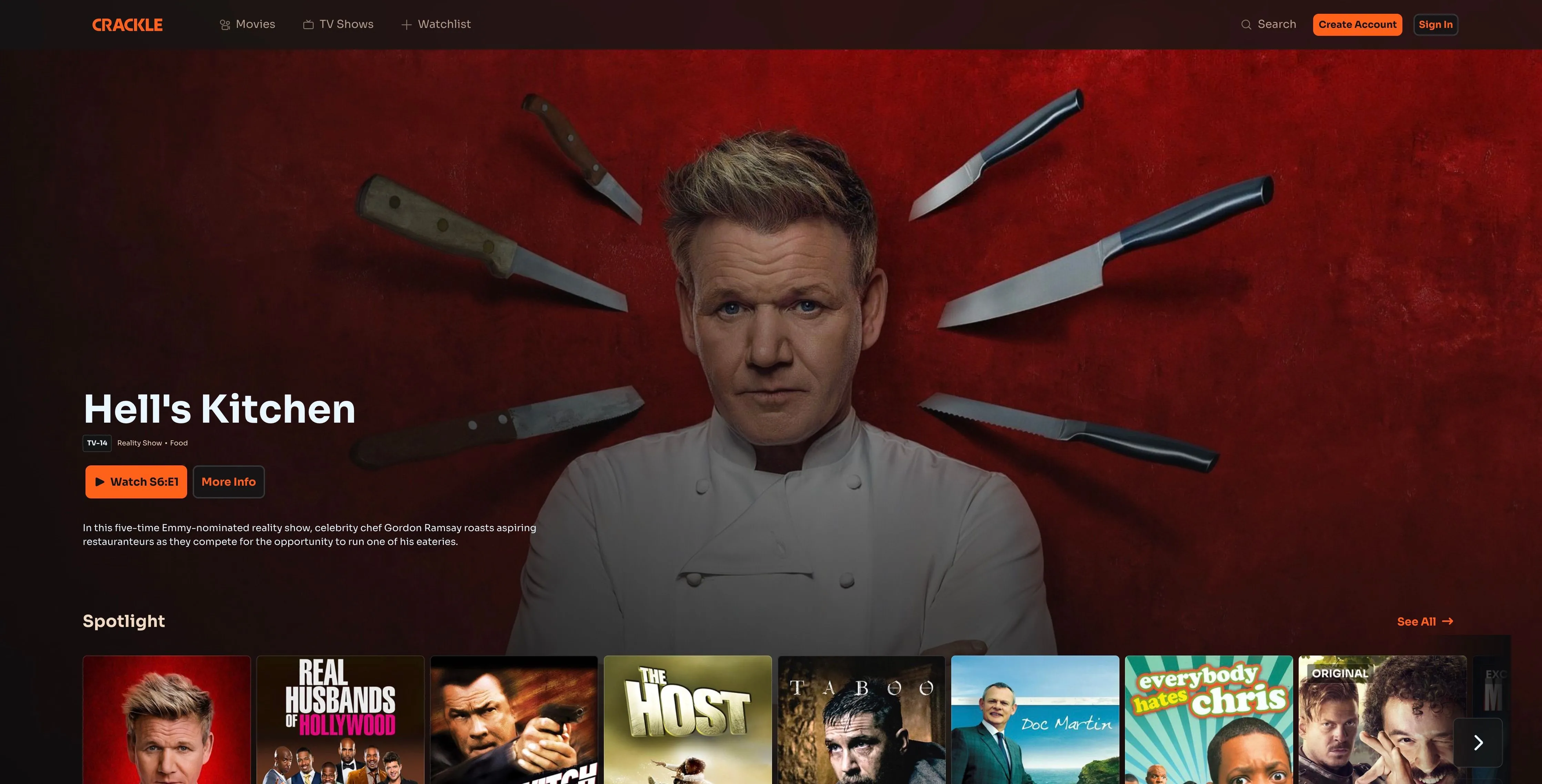 Trang chủ Crackle hiển thị quảng cáo chương trình &quot;Hells Kitchen&quot;