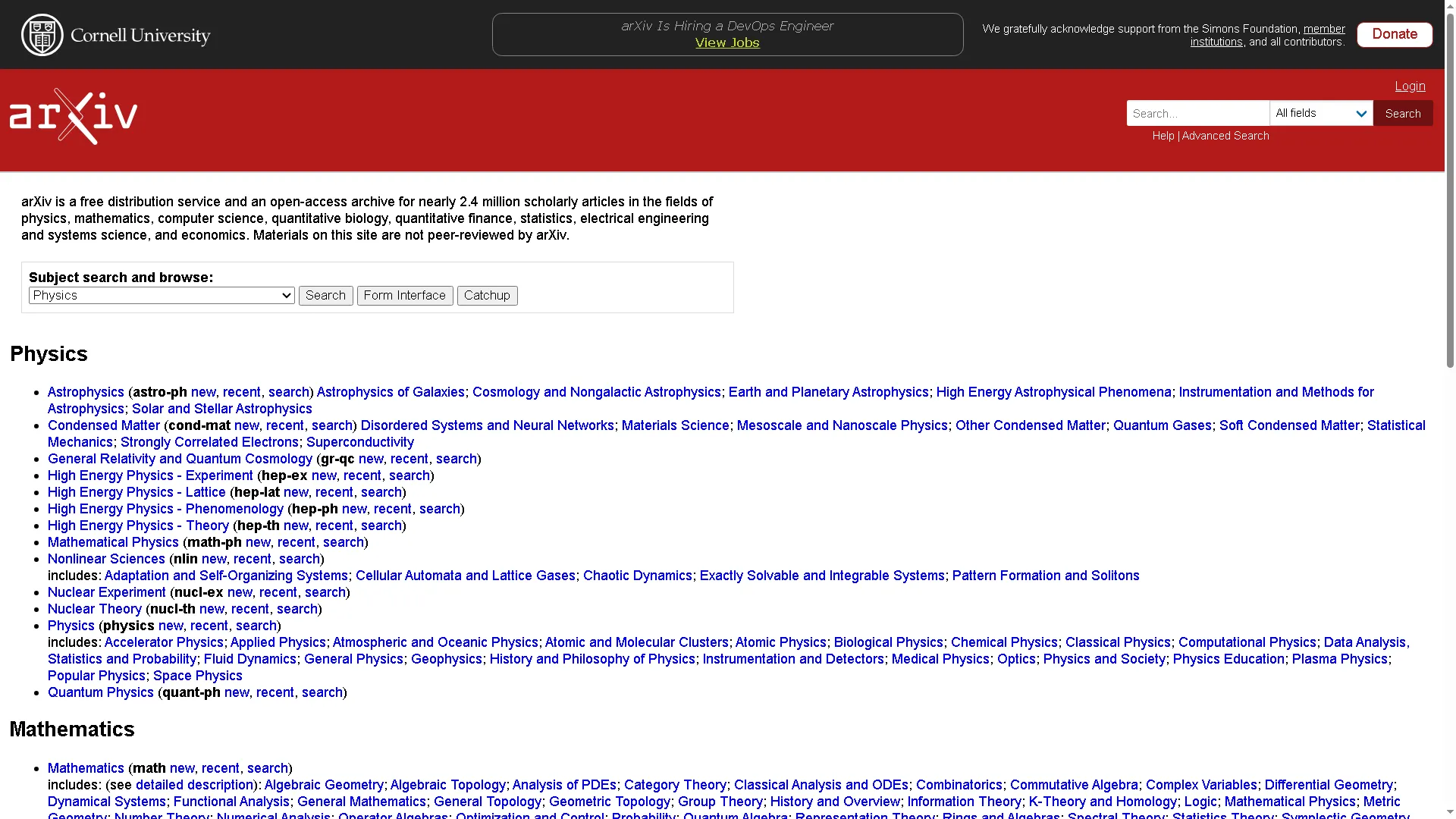 Trang chủ của arXiv, một kho lưu trữ trực tuyến khổng lồ các bài báo khoa học miễn phí, do Đại học Cornell quản lý.