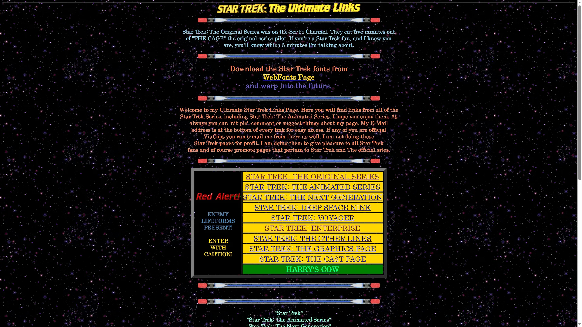 Trang chủ của DrgnSlyr's Star Trek The Ultimate Links, một fanpage cổ điển về Star Trek từ những năm 90.