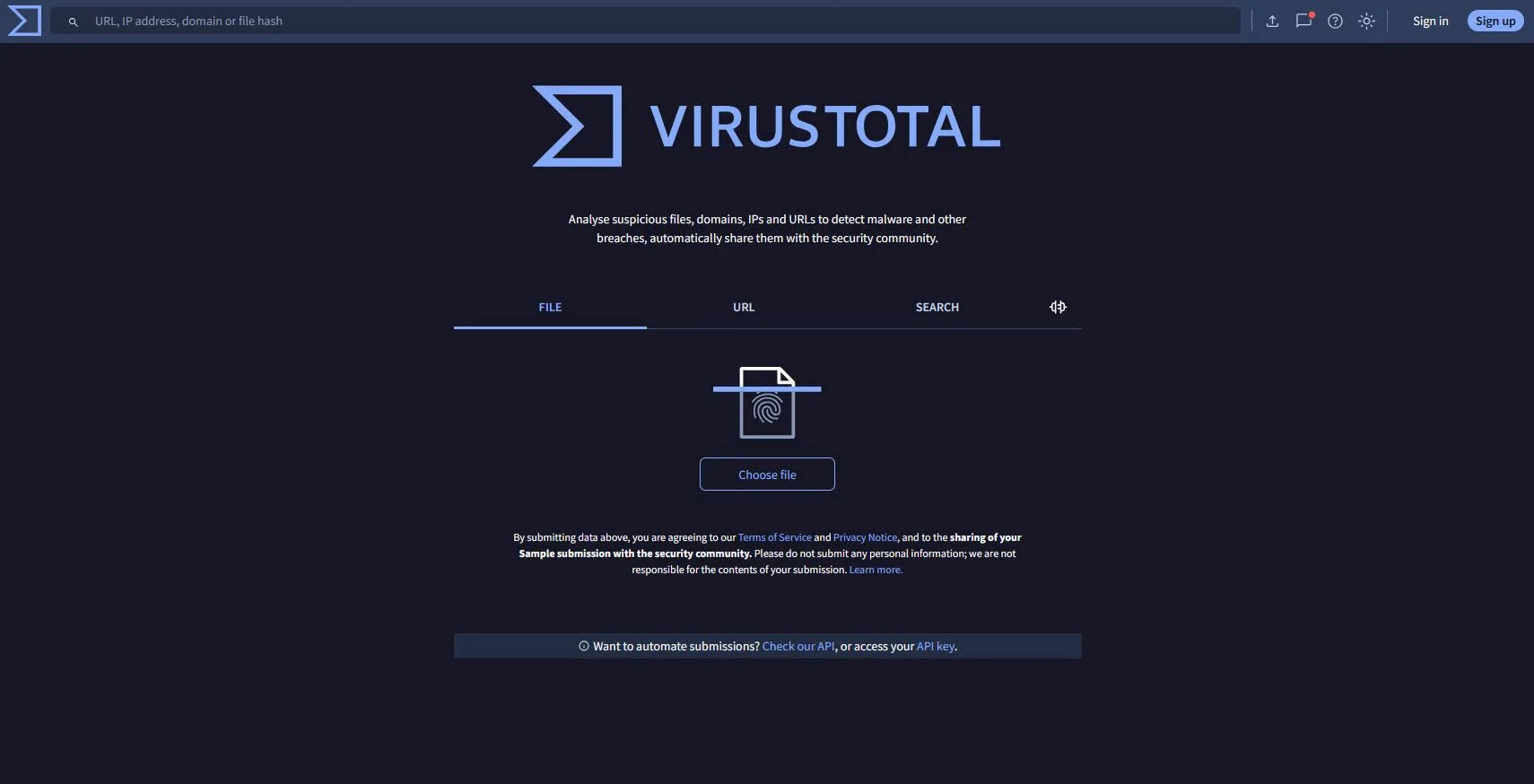 Trang chủ của VirusTotal, một công cụ trực tuyến để quét virus và kiểm tra an toàn file.