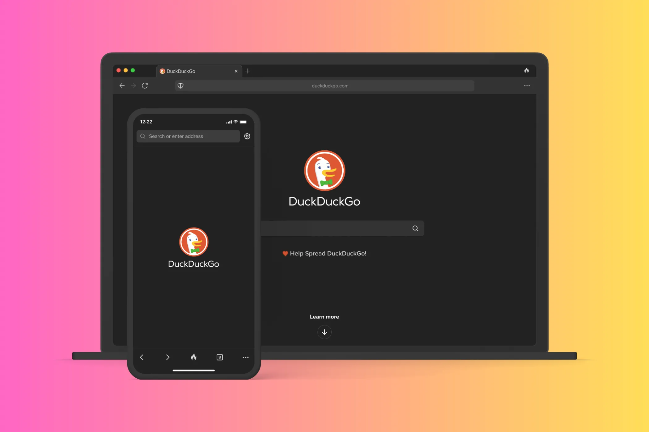 Trang chủ DuckDuckGo trên mockup máy tính xách tay và thiết bị di động