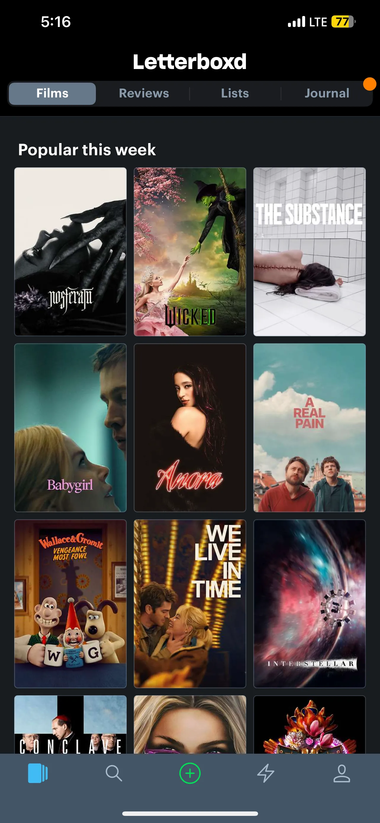 Trang chủ Letterboxd hiển thị danh sách các phim phổ biến nhất tuần này