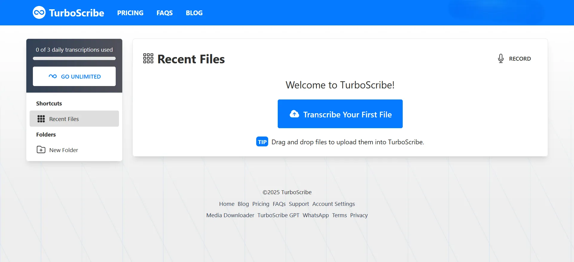 Trang chủ nền tảng chuyển đổi giọng nói TurboScribe với tùy chọn tải lên file âm thanh
