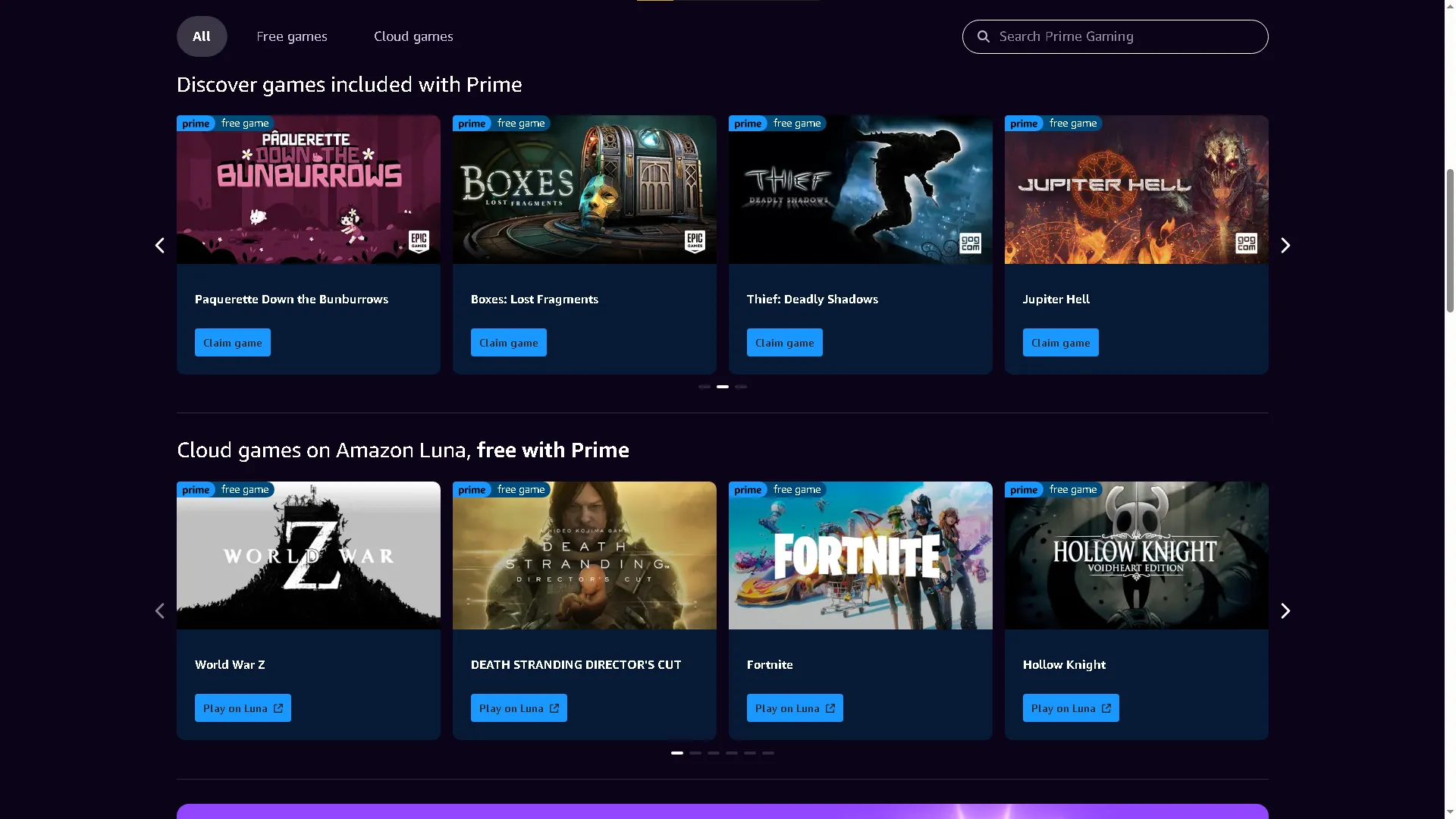 Trang chủ Prime Gaming hiển thị các tựa game và nội dung miễn phí dành cho thành viên Amazon Prime, mang lại trải nghiệm chơi game độc quyền.
