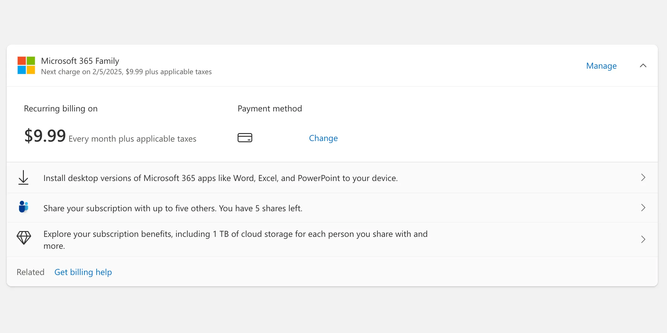 Trang chủ quản lý đăng ký Microsoft 365 hiển thị các gói Family và Personal.