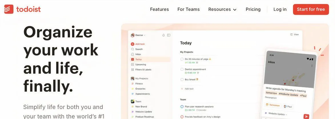 Trang chủ Todoist, minh họa một website chuyên nghiệp của nhà phát triển tiện ích.