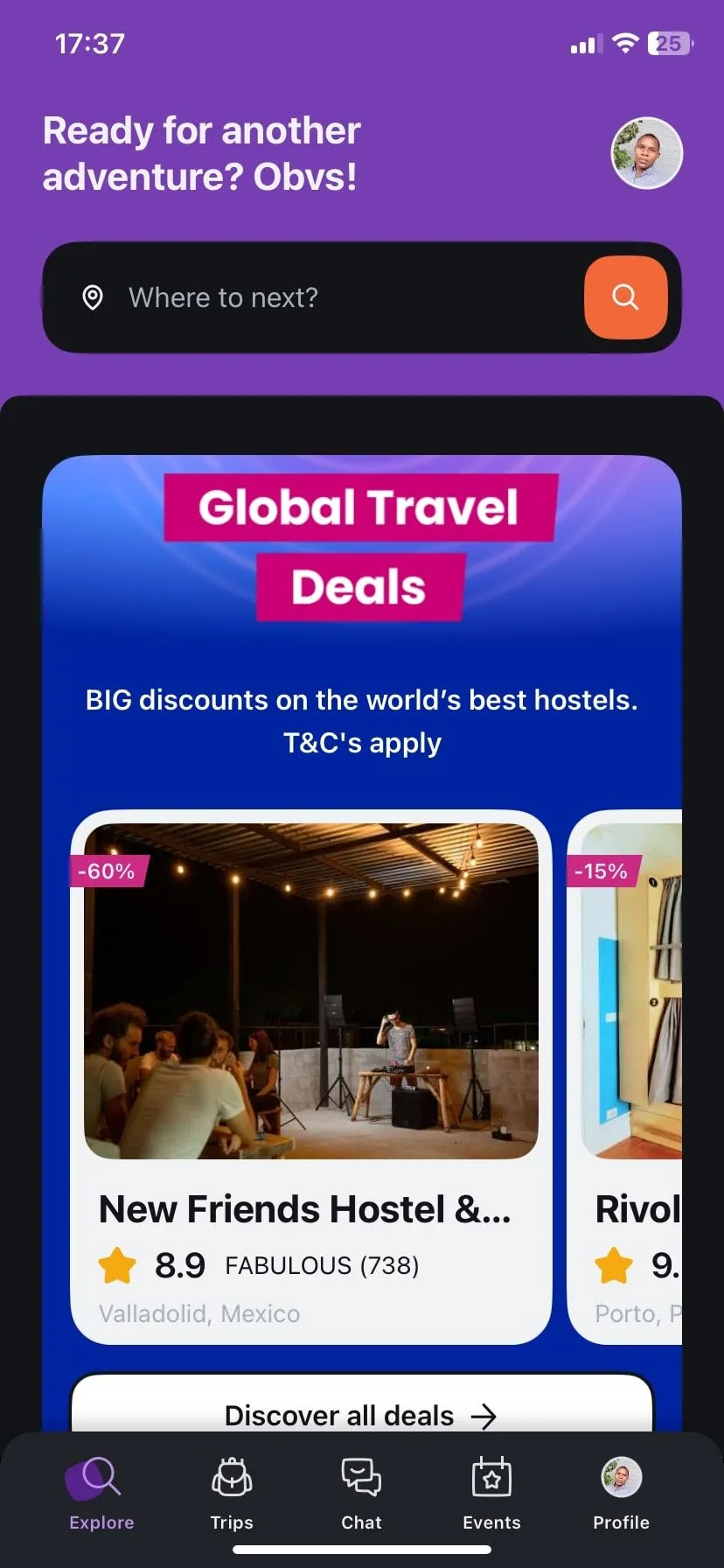 Trang chủ ứng dụng Hostelworld với các lựa chọn chỗ ở