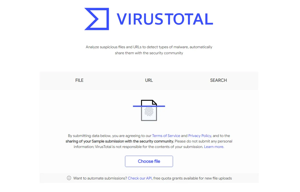 Trang chủ VirusTotal, một dịch vụ quét virus trực tuyến miễn phí để kiểm tra tập tin và liên kết đáng ngờ
